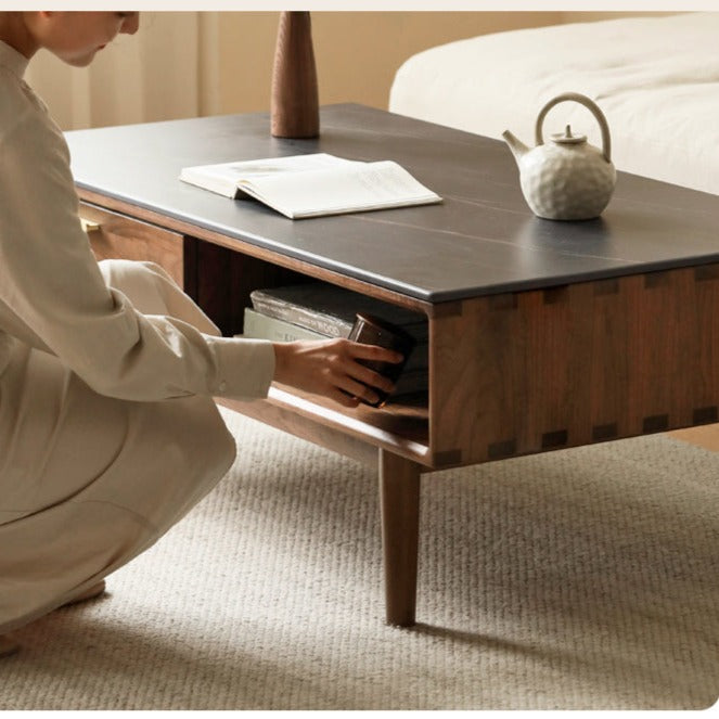 Solid Black Walnut Wood Storage Coffee Table with Rock Plate - Rustic Living Room Furniture for Home Decor & Organization