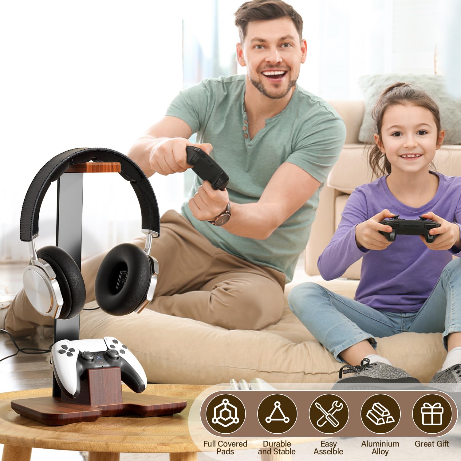 Premium Wooden Controller & Headphone Stand - Gaming Desk Organizer for PC, PS5, Xbox Accessories - Perfect for Gaming Setup & Office Workspace
