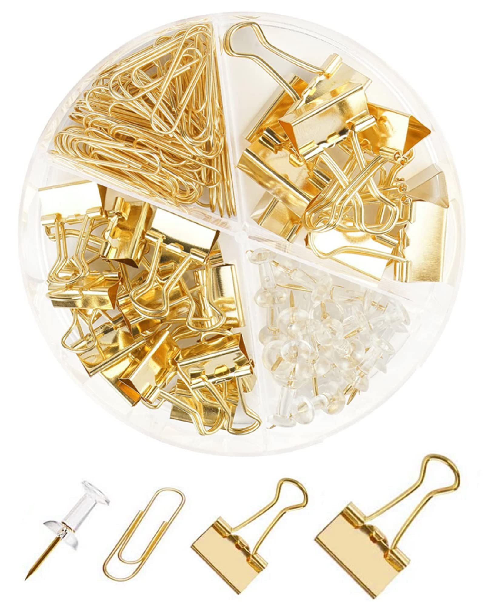 Premium Gold Paper Clips & Binder Clips Set - Assorted Metal Office Supplies with Push Pins - Elegant Desk Accessories for Organizing Documents, Photos & Notes - Perfect for Home Office, School & Workplace Organization