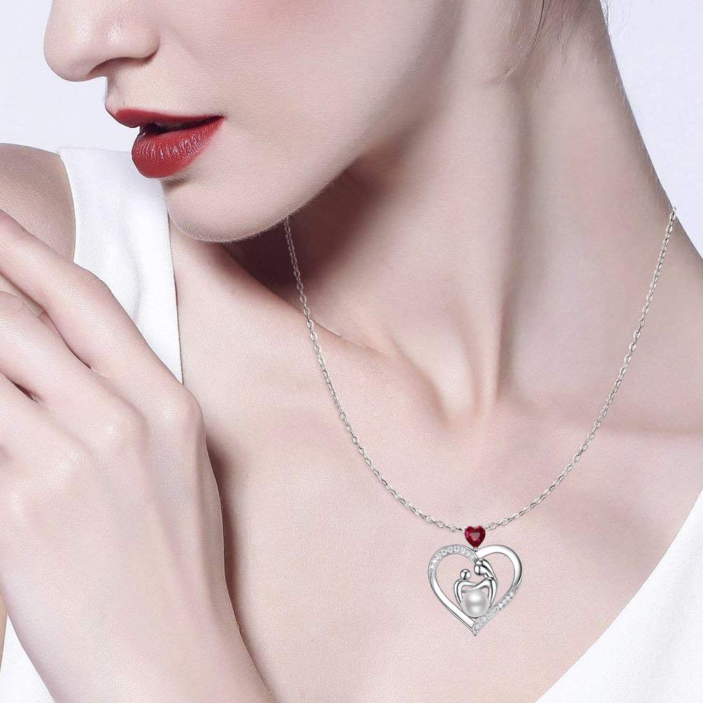 Sterling Silver Heart Necklace for Mom - Personalized Birthstone Jewelry Gift for Mother's Birthday, Wife, Anniversary (Emerald, Pearl, Garnet) | Elegant & Sentimental Present for Special Occasions