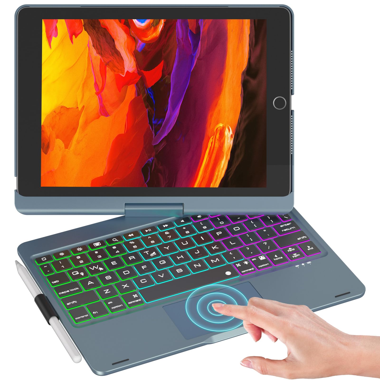 NOKBABO iPad 9th/8th/7th Generation Case with Bluetooth Keyboard, 360° Rotatable Stand, 7-Color Backlit Touchpad & Apple Pencil Holder - Compatible with iPad 10.2