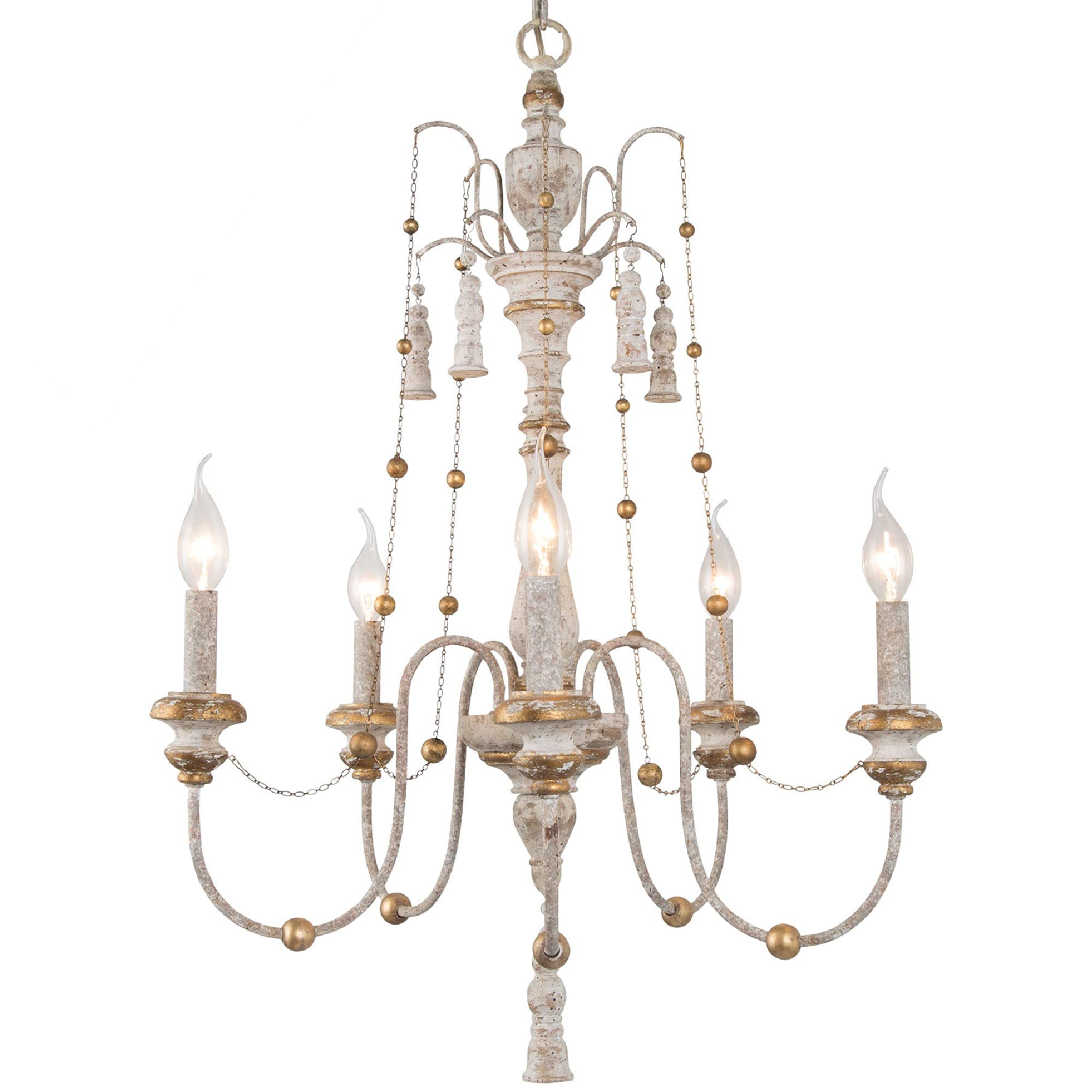 Rustic Farmhouse Chandelier - 5-Light Wooden Dining Room Ceiling Light with Beaded Accents, French Country Style (21.5