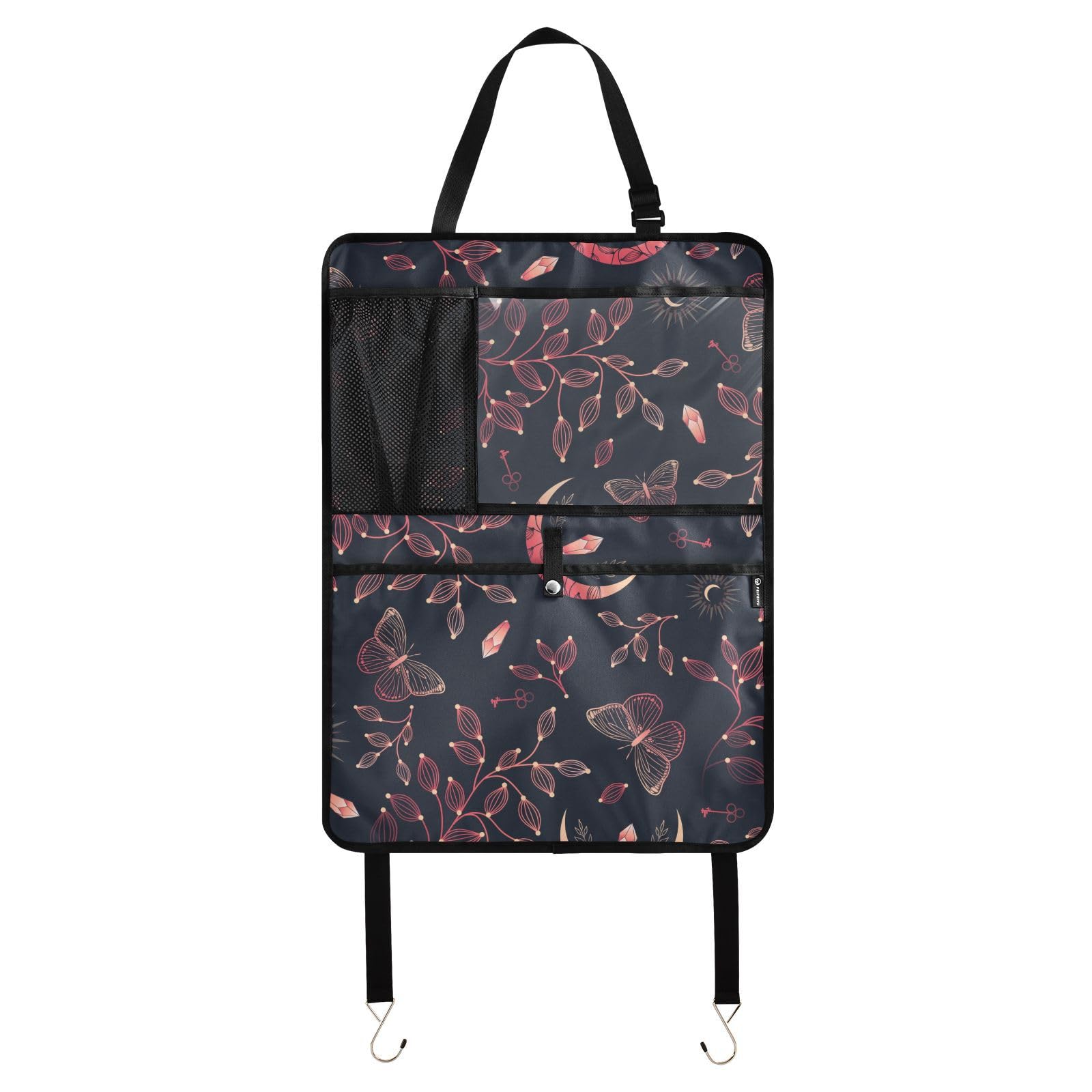 Moon Crystal Print Car Seat Back Organizer - 2 Pack Seatback Protector with Multiple Pockets for Tablet, Bottle, Tissues & Books (25x18 Inch) - Perfect for Road Trips, Family Travel & Daily Commute