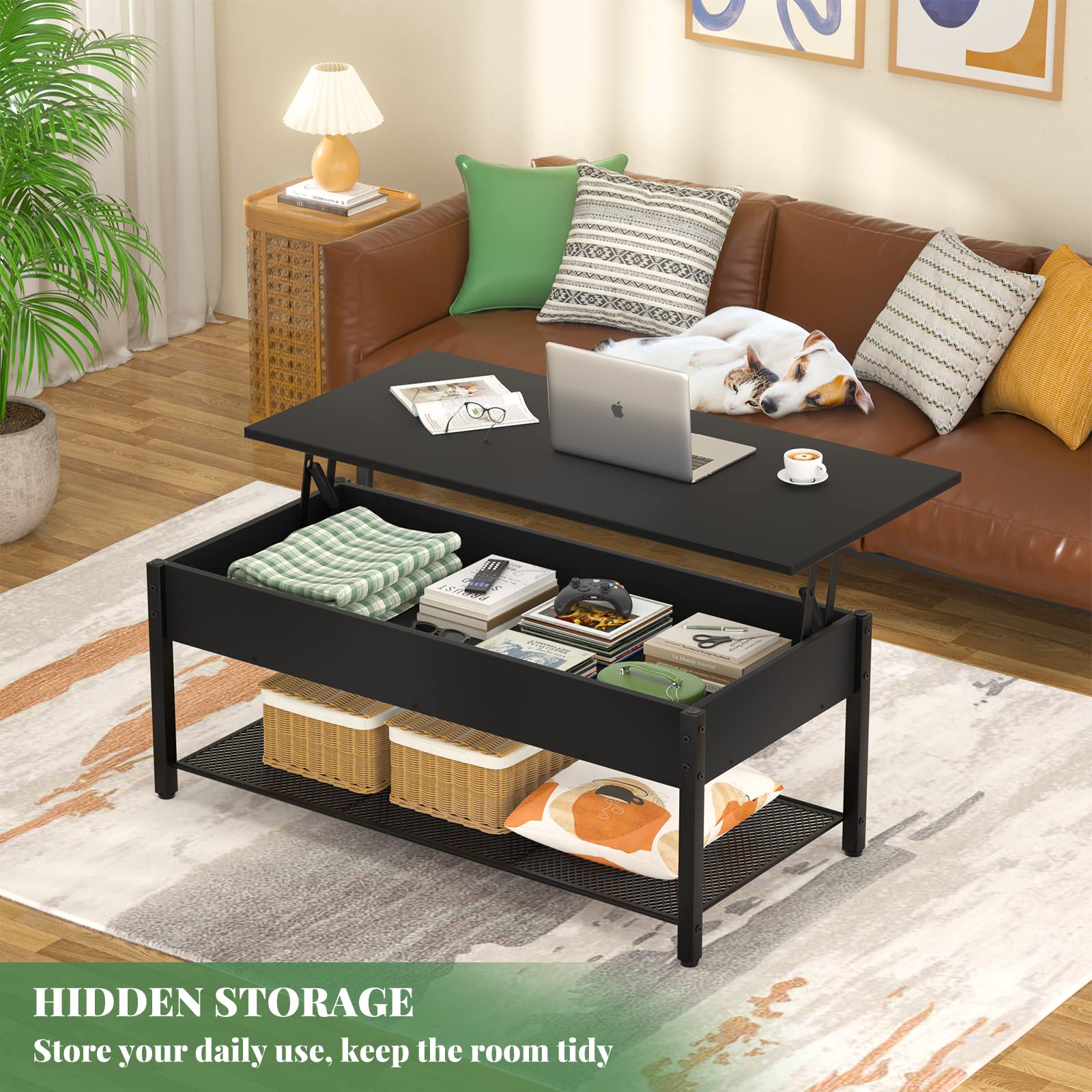 Homieasy Lift Top Coffee Table with Storage Shelf & Hidden Compartment - Modern Wood Lift Tabletop with Metal Frame for Living Room - Perfect for Small Spaces, Home Office & Entertaining Guests (Black)