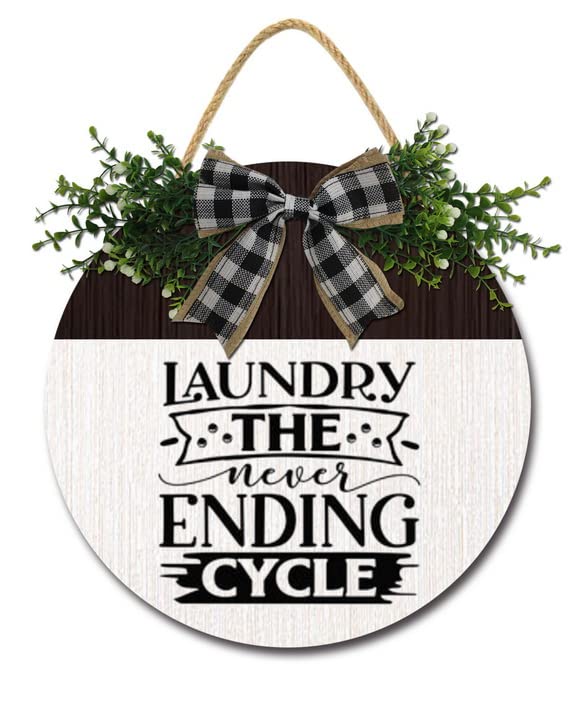 Vintage Wooden Laundry Room Wreath Decor Sign - 12x12 Inch Farmhouse Style Hanging Wall Art for Wash House | Perfect for Laundry Room, Bathroom & Farmhouse Decor | Funny 'Laundry Never Ending Cycle' Design