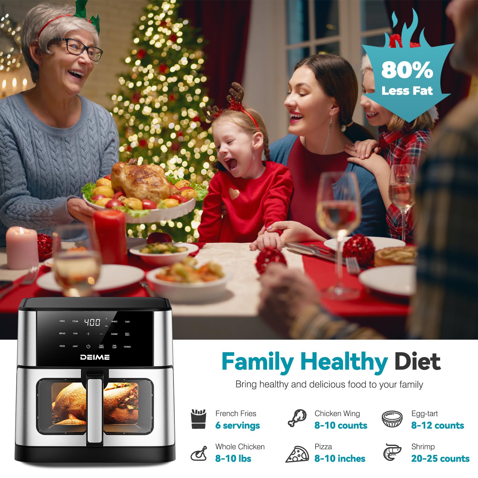 DEIME 10.2 QT Large Capacity Air Fryer - 1700W Oil-Free Healthy Cooker with 10 Presets, Non-Stick Basket & Visual Cooking Window - Perfect for Family Meals, Quick Snacks & Healthy Cooking