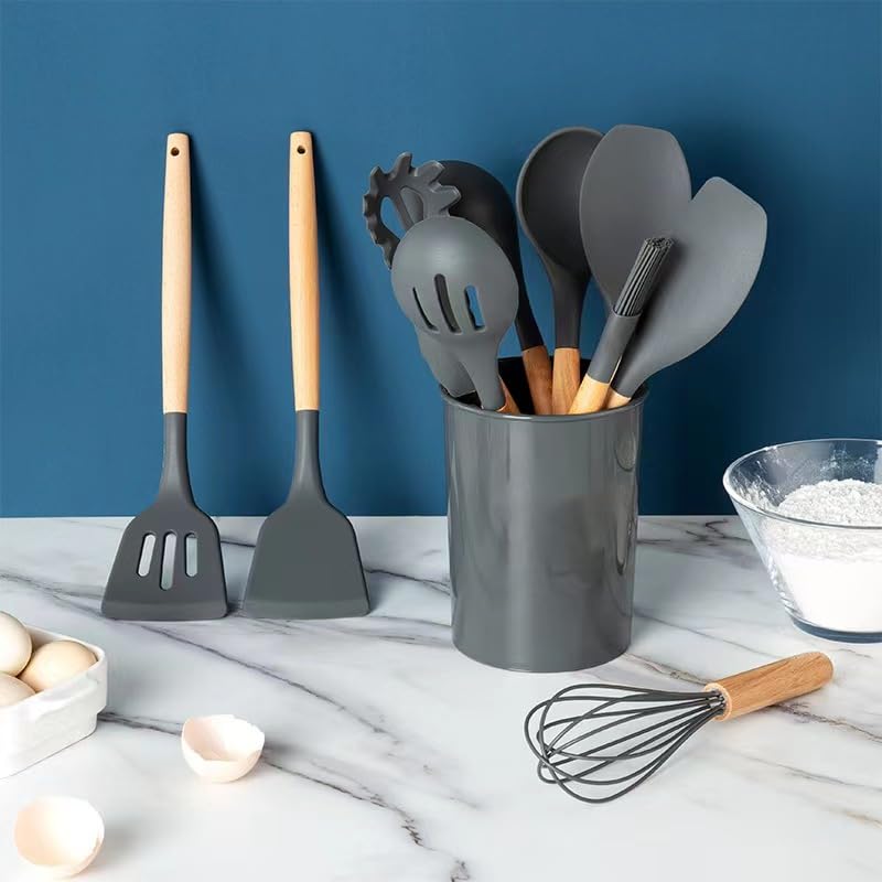 33-Piece Non-Stick Silicone Kitchen Utensil Set with Wooden Handles & Holder - BPA Free, Heat Resistant up to 446°F - Perfect for Cooking, Baking, and Serving - Ideal for Home Chefs & Professional Kitchens