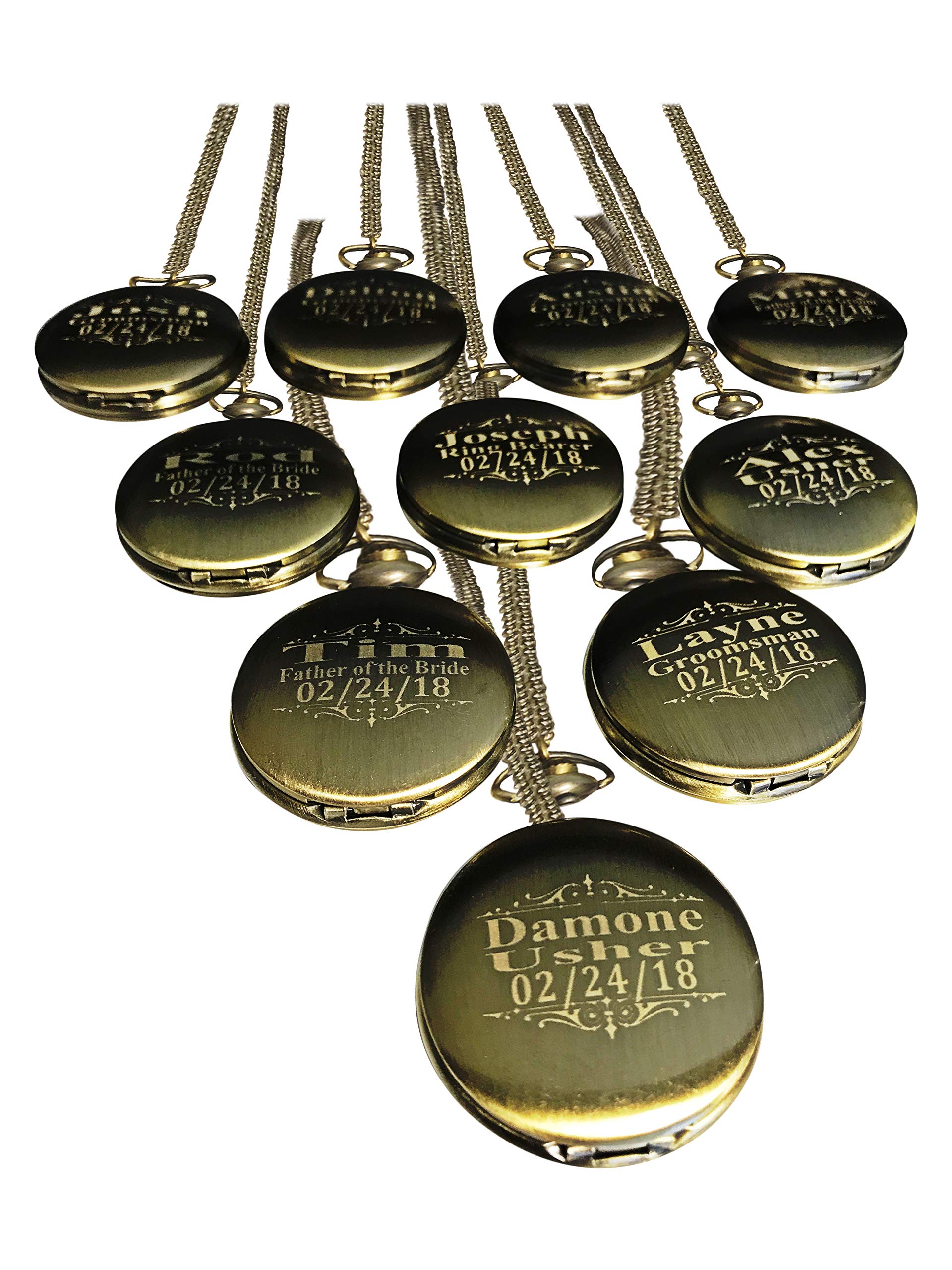 Personalized Engraved Pocket Watches for Men - 10-Piece Set with Chain, Gift Box - Perfect for Groomsmen Wedding Gifts, Anniversary & Special Occasions - Available in 4 Classic Colors (Gold, Silver, Rose Gold, Black)
