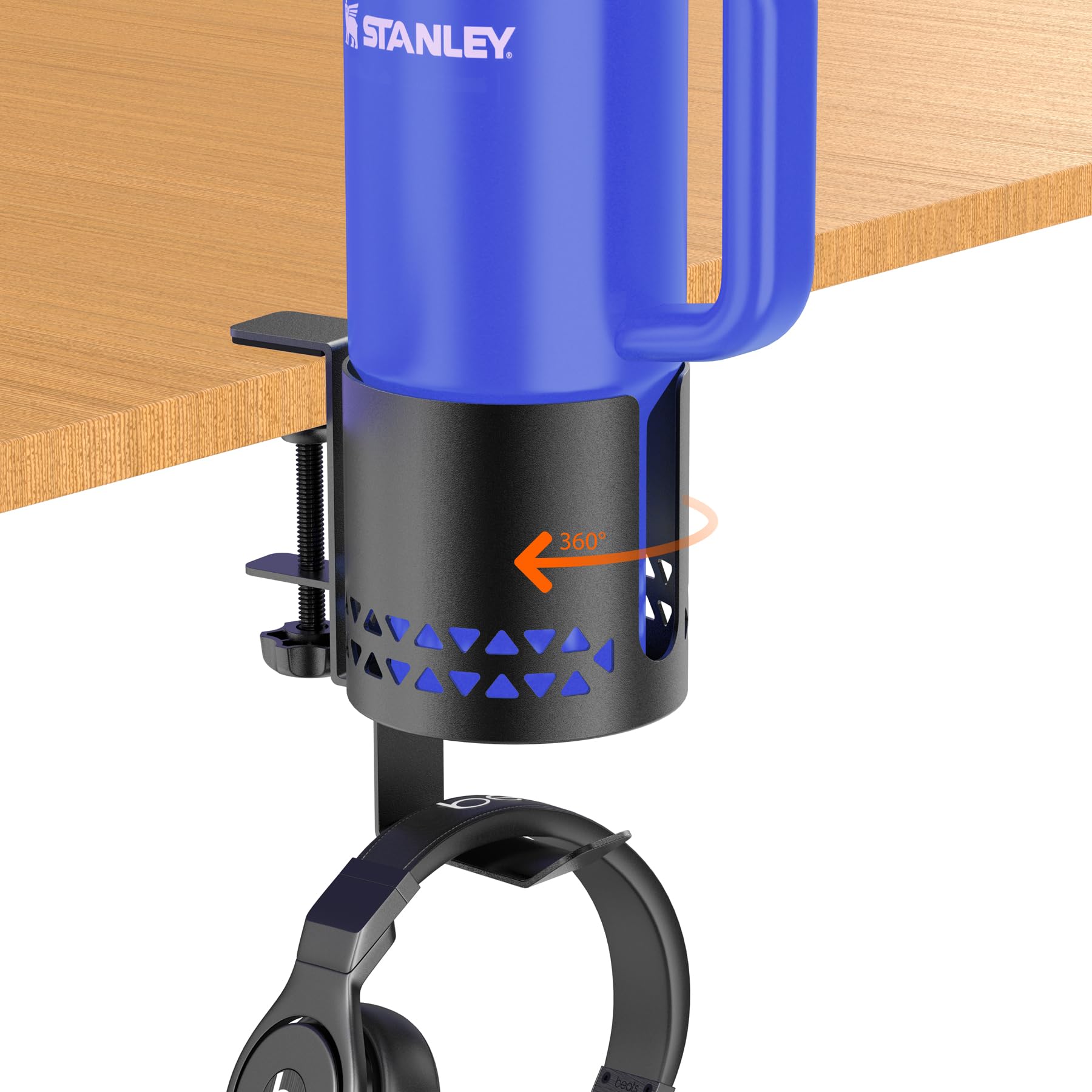 360° Rotating 2-in-1 Deeper Desk Cup Holder with Headphone Hanger - Sturdy Clamp for YETI Stanley Bottles - Perfect Gaming & Office Desk Accessory for PC Setup, Workstation, or Home Office Organization
