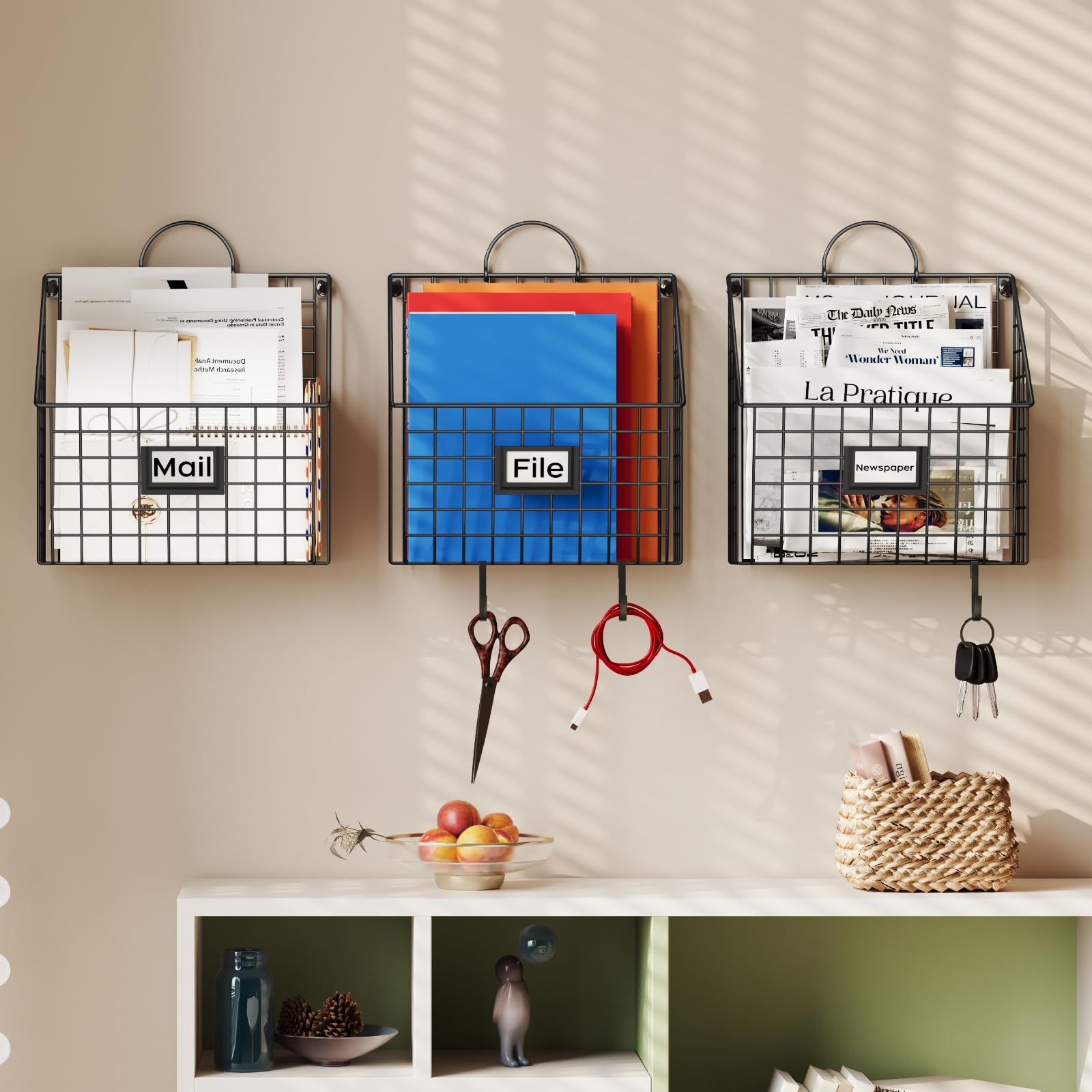 Metal Wall Mounted File Organizer with Handles & Hooks - 3 Pack Hanging Document Holder for Home Office, Magazine Rack, Wall Decor - Perfect for Organizing Bills, Mail & Office Supplies