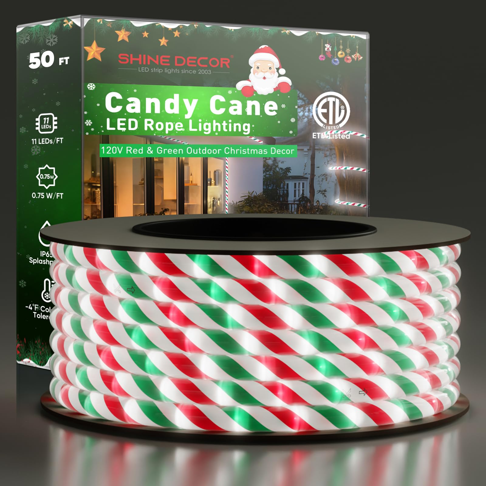 Shine Decor 50FT Candy Cane LED Rope Light - Christmas Outdoor Waterproof Lighting (IP65, Cold Resistant to -4°F, ETL Listed) - Extendable up to 164FT in Cool White, Red & Green - Perfect for Holiday Decorations, Outdoor Christmas Lights, and Winter Party Decor