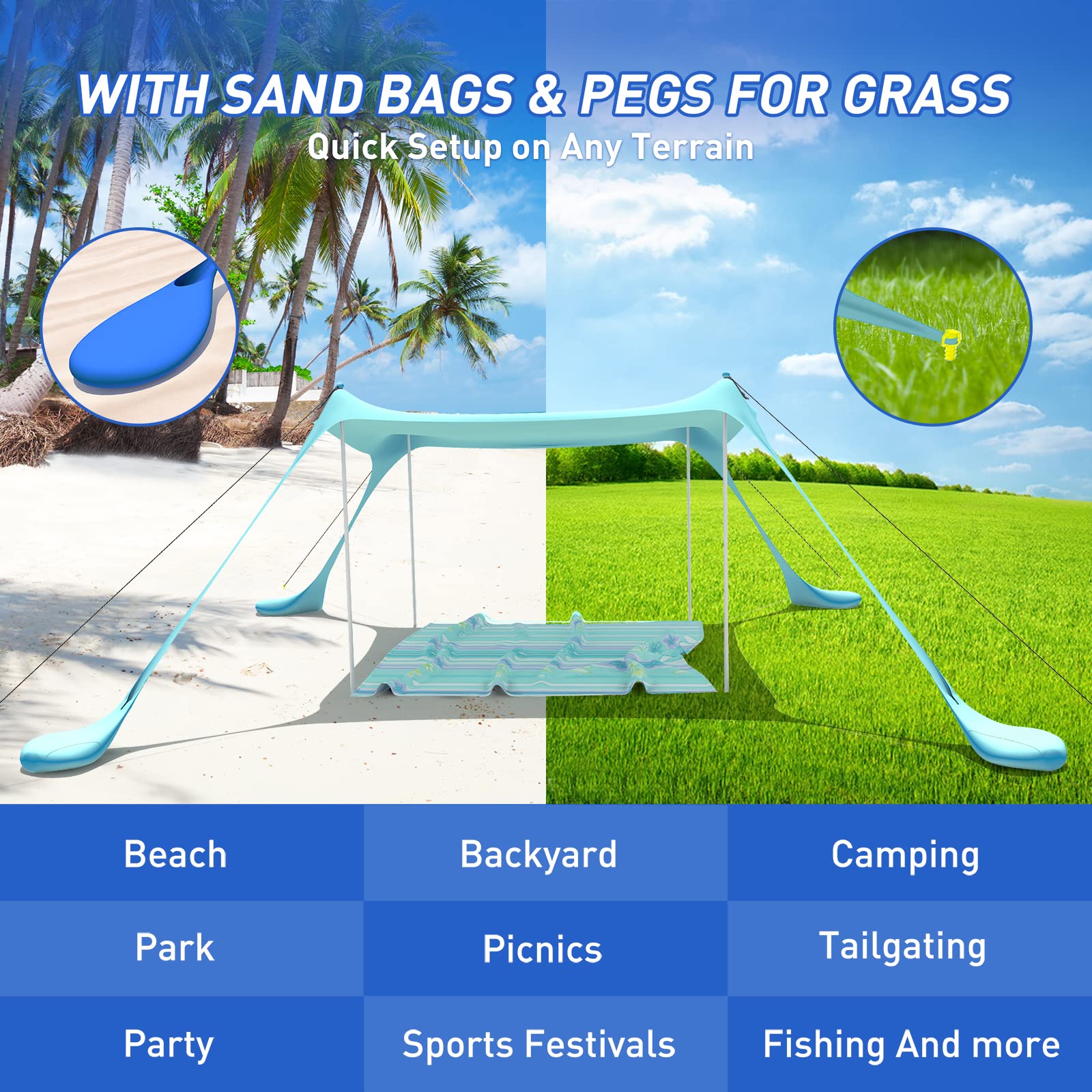 UPF50+ Beach Tent Pop Up Sun Shelter with 4 Stability Poles - Portable Outdoor Shade Canopy for Camping, Picnic & Beach Days (Includes Carry Bag, Ground Pegs, Sand Shovel & Windproof Ropes) - Purple 10×10FT Family Sun Protection for Outdoor Activities