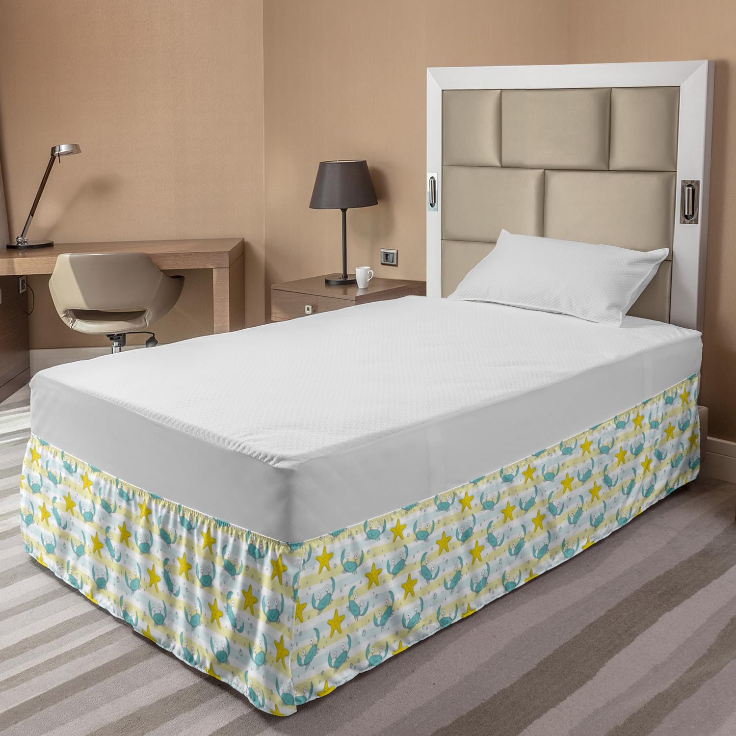 Ambesonne Marine Elastic Bed Skirt - Ocean Theme with Crabs, Starfish, Bubbles & Lines - Full Size Wrap Around Dust Ruffle for Bedroom - Yellow Seafoam - Perfect for Beach House Decor & Coastal Style Bedrooms