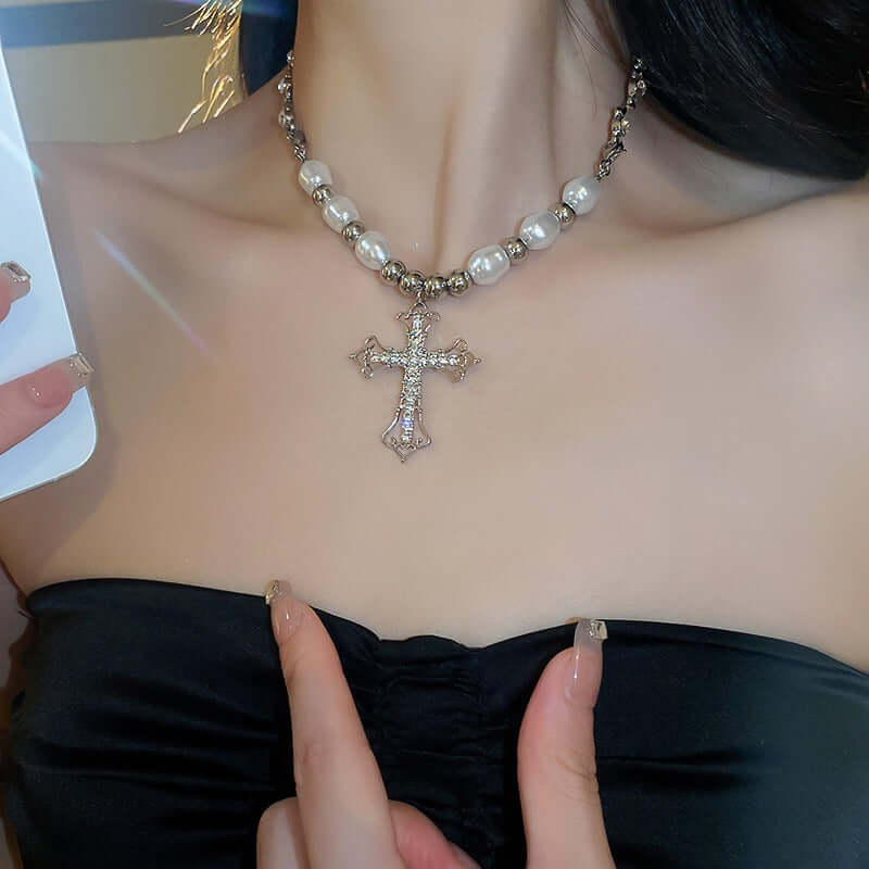 Chunky Silver Cross Necklace with Pearl Accents - Punk Style Jewelry for Women | HN2479 | Perfect for Gothic Fashion, Layering & Everyday Wear