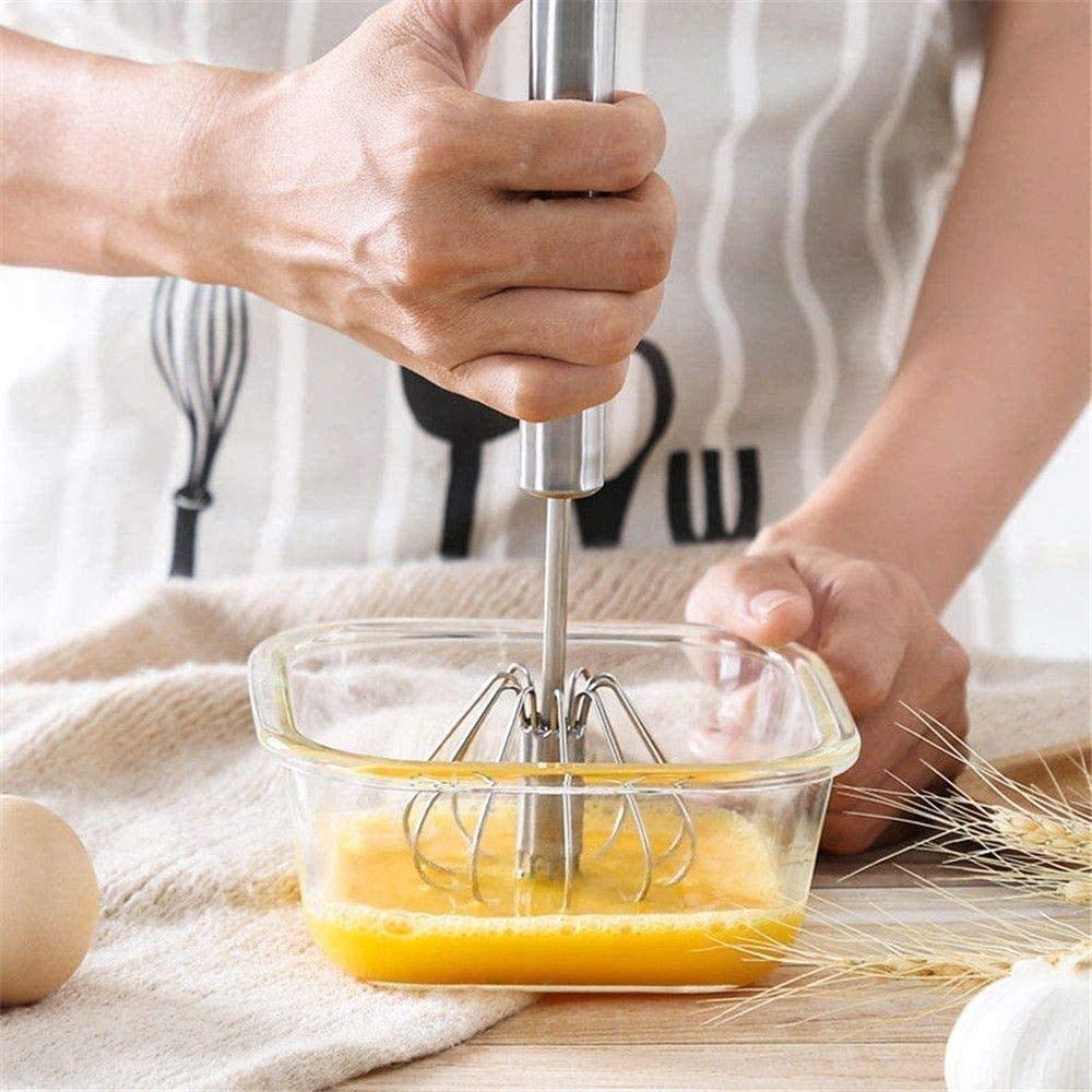 2 Pack Stainless Steel Rotary Egg Beater - Semi Automatic Hand Push Whisk Blender for Eggs, Milk Frothing & Mixing | Durable 14