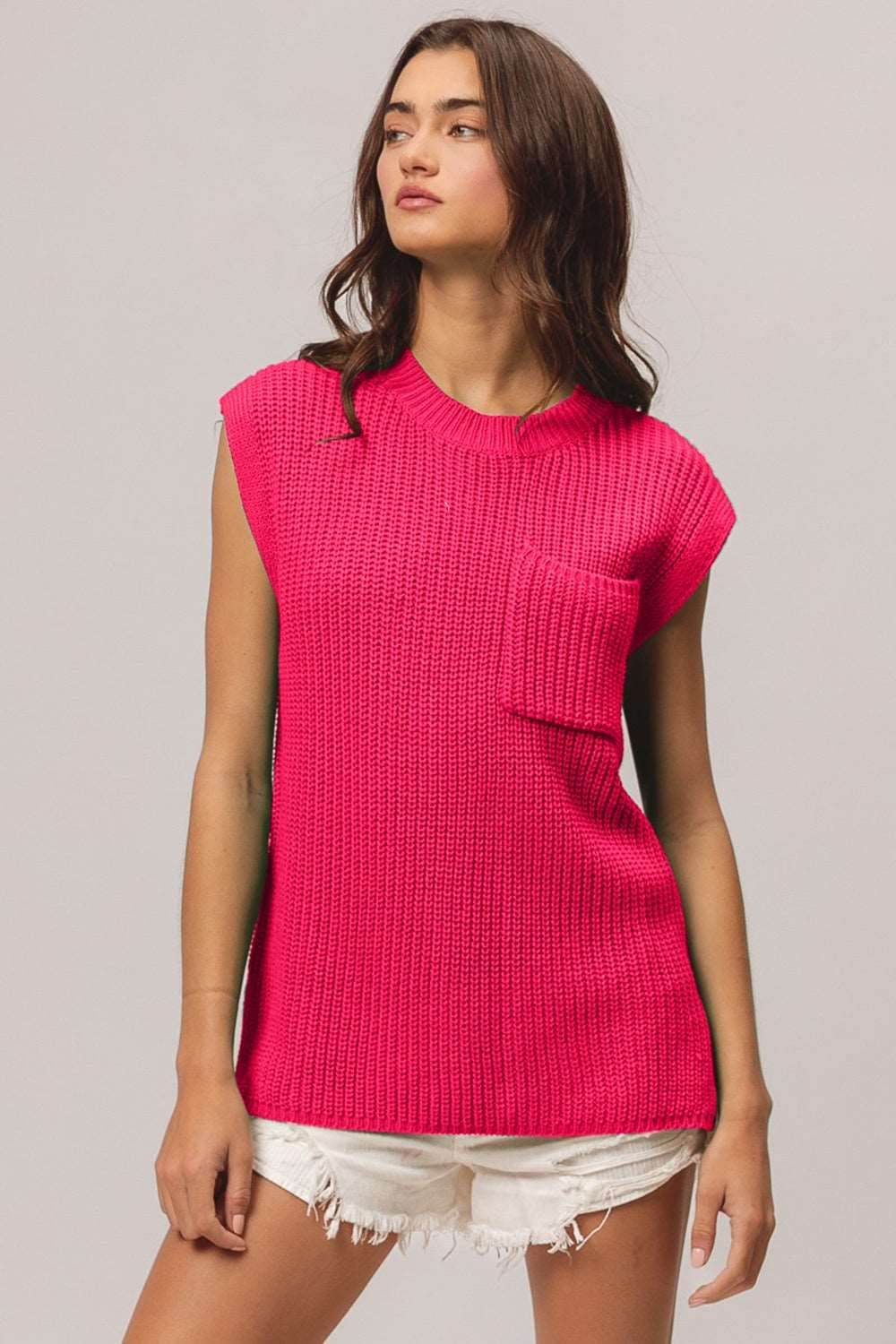 BiBi Patch Pocket Cap Sleeve Sweater Top for Women | Casual Knit Pullover with Front Pockets | Perfect for Fall Layering, Office Wear & Weekend Outfits