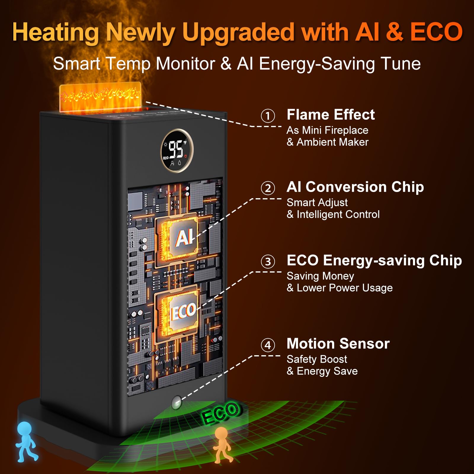 PTC Fast Electric Space Heater with Humidifier, Thermostat & Timer - Quiet Portable Indoor Heater with ECO Mode, 3D Flame Effect & Oscillation for Bedroom, Office & Home | Perfect for Winter Warmth & Energy Savings