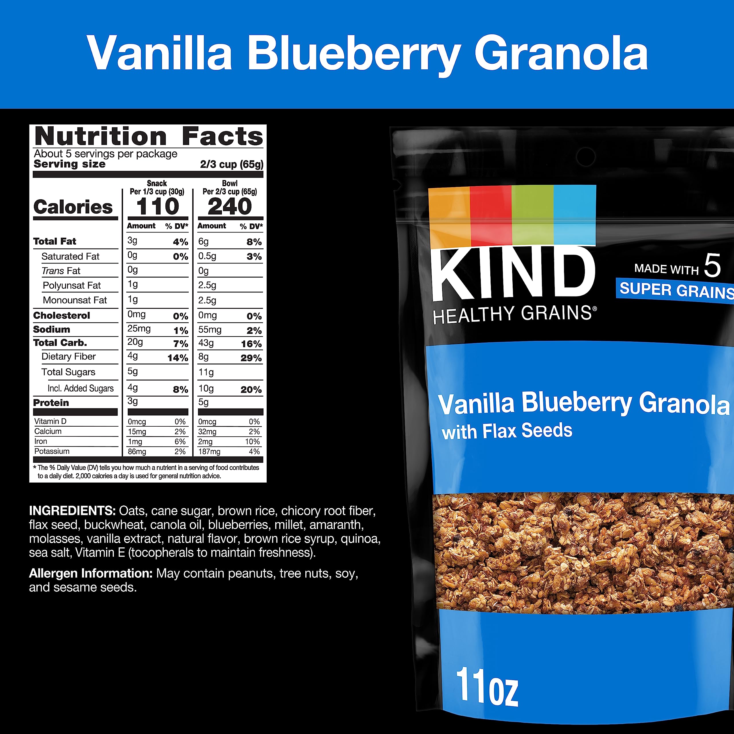 KIND Healthy Grains Clusters Vanilla Blueberry Granola with Flax Seeds - 10g Protein, Gluten Free, Non-GMO, 11oz (Pack of 1) - Perfect for Breakfast, Snacks & Healthy On-the-Go Lifestyle