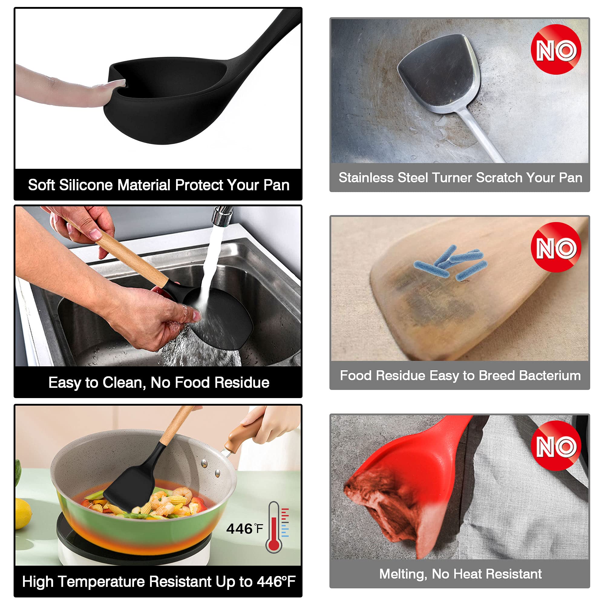 LIANYU 38-Piece Premium Kitchen Utensil Set with Holder - Heat Resistant Silicone Spatulas, Wooden Handle Cooking Tools for Nonstick Cookware - Perfect for Baking, Frying & Everyday Cooking (Black)