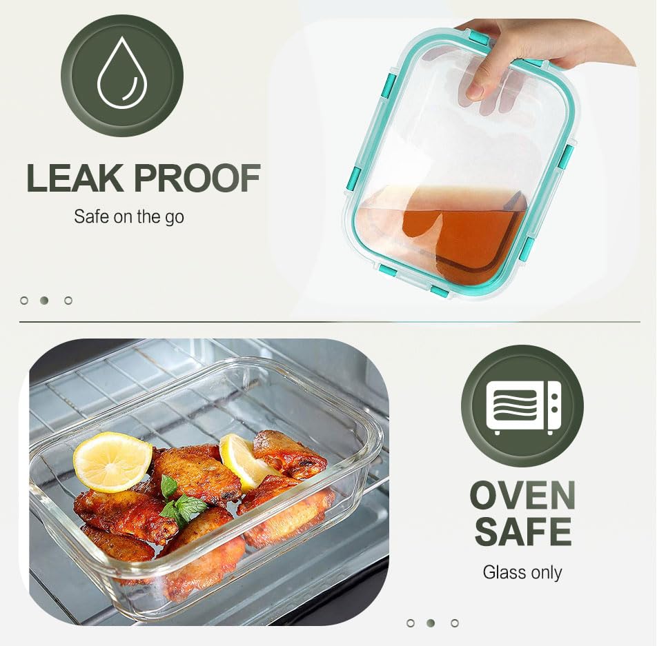 10-Pack 30 oz Glass Meal Prep Containers with Lids - Airtight Glass Food Storage Containers for Lunch Bento Boxes - Microwave, Oven, Freezer & Dishwasher Safe - Eco-Friendly Green - Perfect for Meal Prepping, Leftovers & Office Lunches