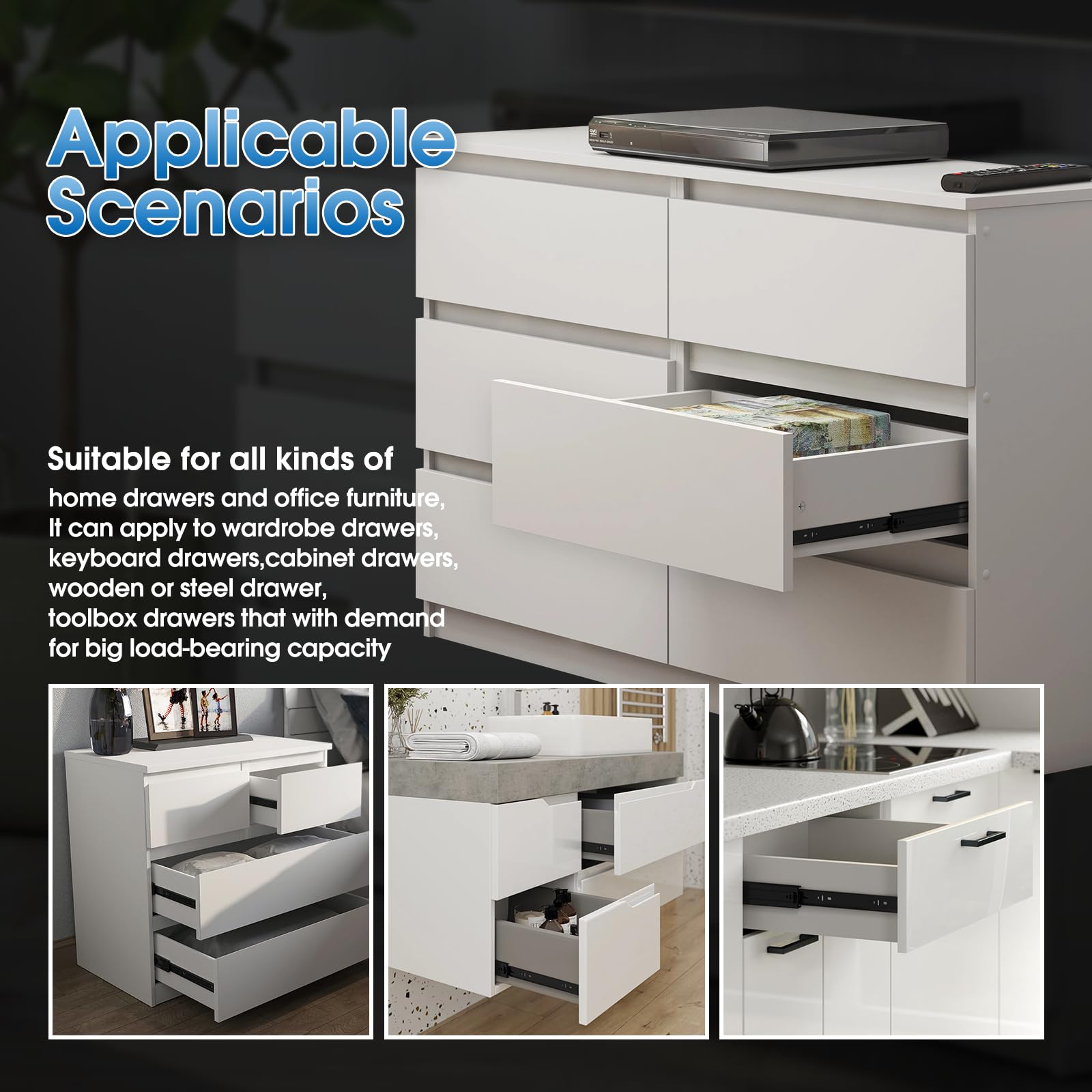 SHUHANG 1 Pair Full Extension Drawer Slides 8-24 Inch (Multiple Sizes) - 100 lb Load Capacity Ball Bearing Side Mount Cabinet Rails - Heavy Duty for Kitchen Cabinets, Wardrobes, Dressers & Trash Cans - Black Slider Runners for Smooth Operation