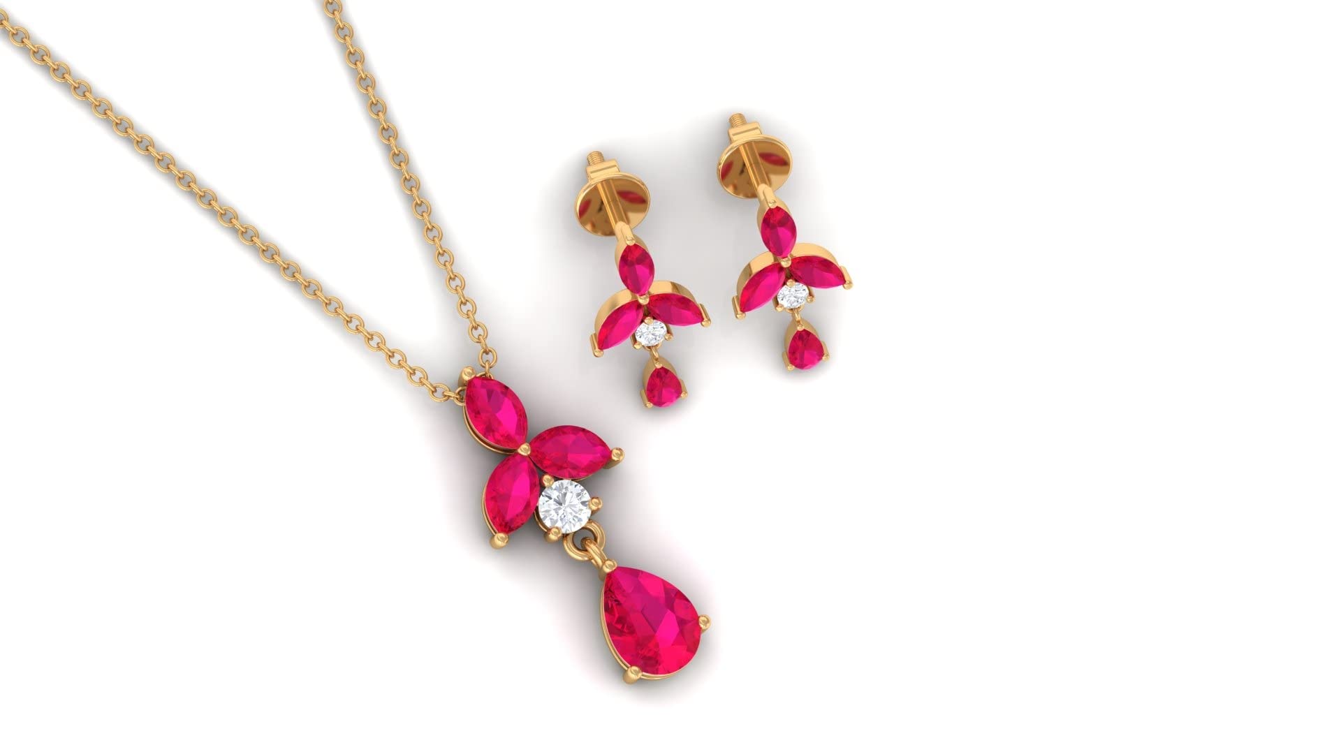 14K Solid Gold Ruby Jewelry Set for Women - Round Moissanite & Red Ruby Dangle Pendant with Earrings | AAA Quality Bridal Jewelry Set with Chain | Perfect for Weddings, Anniversaries & Special Occasions