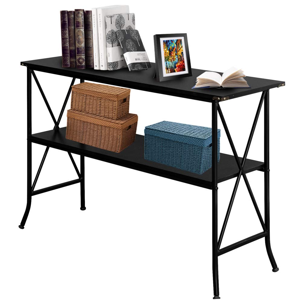 2 Tier X-Design Console Sofa Table - Modern Entryway Accent Table with Bookshelf, Perfect for Living Room, Hallway & Small Spaces - Ideal for Coffee, Snacks, Books & Home Decor Display