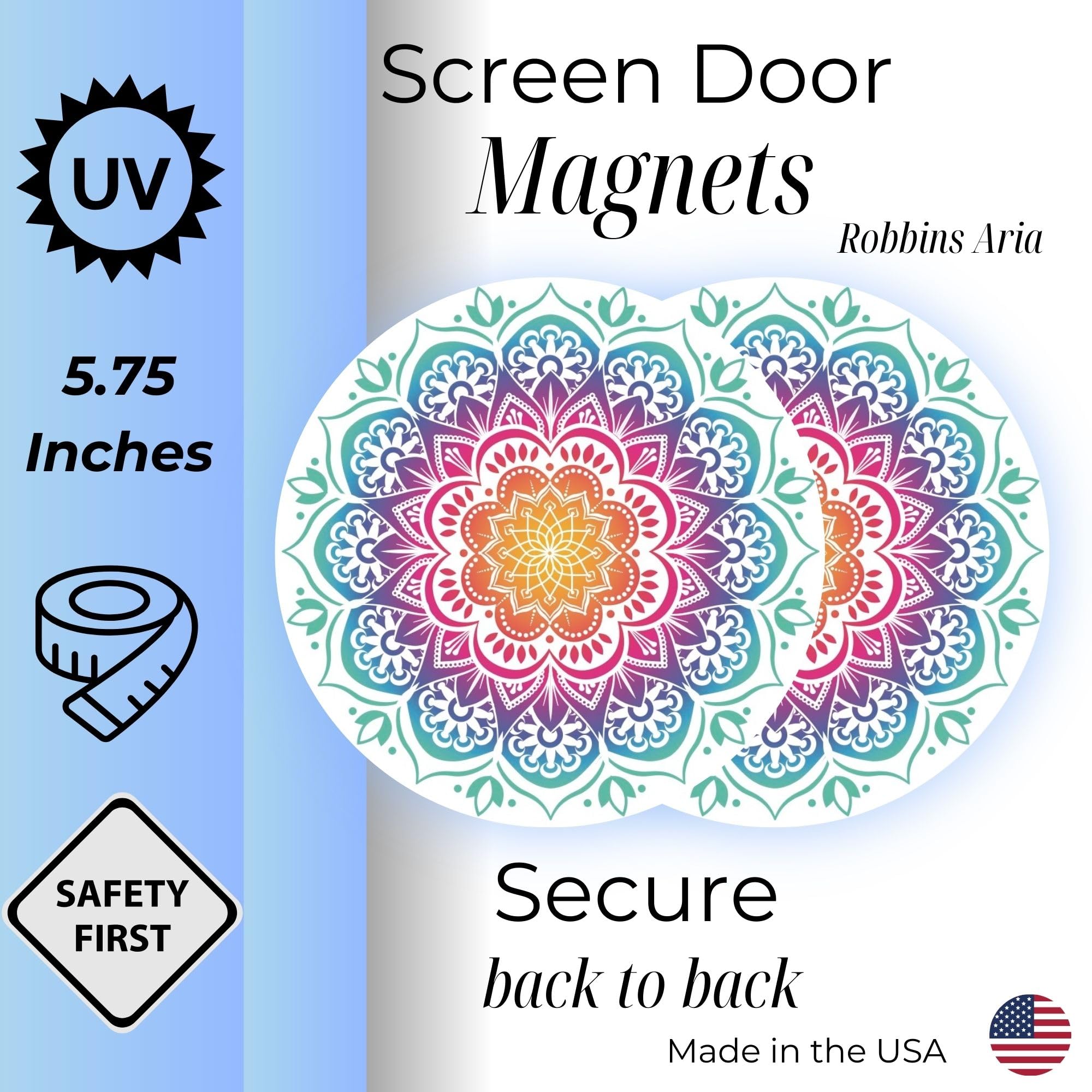 Twist, Click & Lock Screen Door Magnets - Secure Magnetic Screen Door Locks for People & Pets - Mandala Decor by Robbins Aria - Perfect for Homes, Patios & Pet Safety