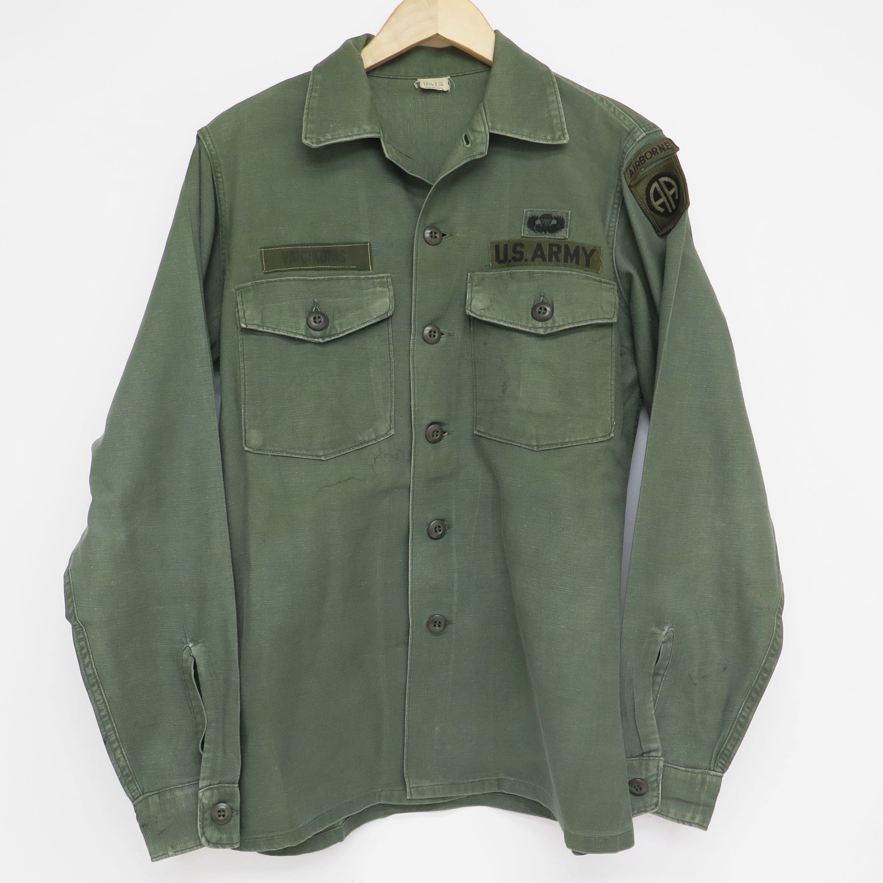 Vintage US Army Utility Shirt P-64 from 1970 Vietnam War Era - 82nd Airborne Division Patch - Size 15.5x35 - Military Collectible & Reenactment Gear - Perfect for Historical Displays, Cosplay, and Military Memorabilia Collections