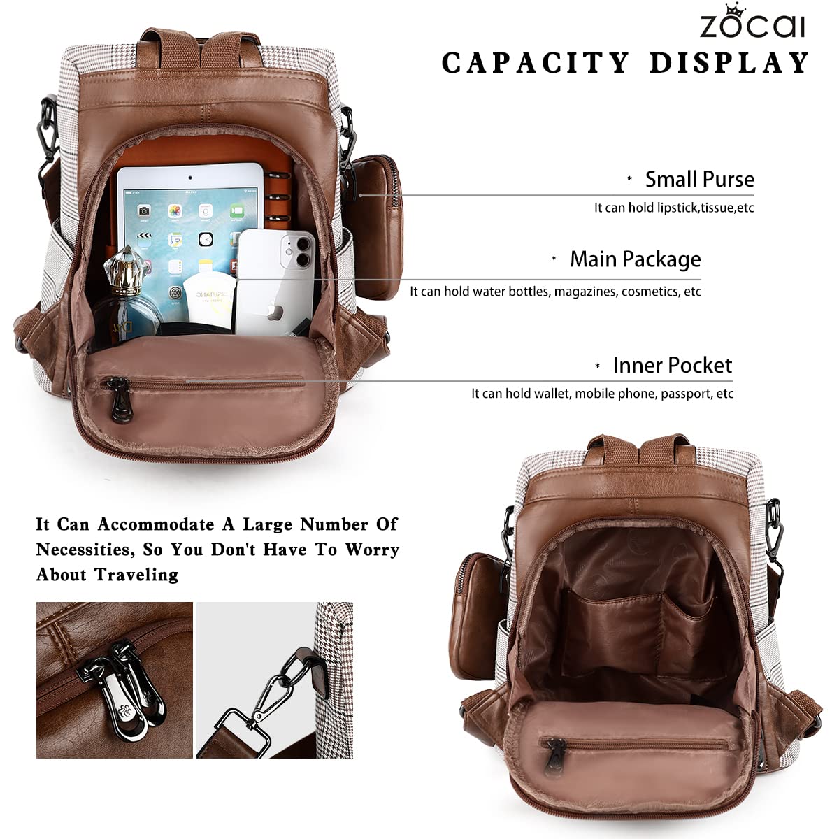 ZOCAI Women's Fashion Backpack Purse - PU Leather Anti-Theft Shoulder Bag & Satchel Daypack for Work, Travel & Daily Use