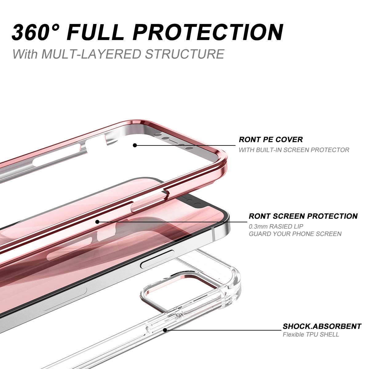 SURITCH Clear Shockproof Phone Case for iPhone 12 Pro Max 6.7-inch with Built-in Screen Protector | Full Body Protection Rugged Cover (Rose Gold) | Perfect for Outdoor Activities, Work & Daily Use