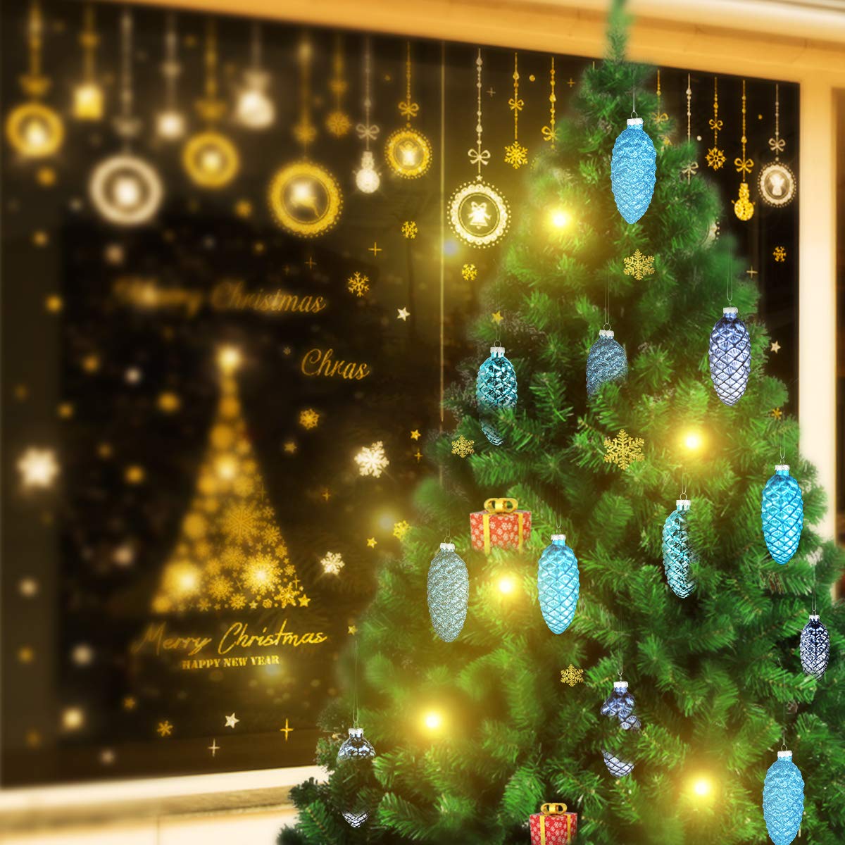 Ecosides 12-Piece Blue Painted Glass Pine Cone Christmas Ornaments - Handmade Hanging Decorations for Holiday Tree, Home, and Festive Party Decorations | Perfect for Christmas, Winter, and Seasonal Celebrations