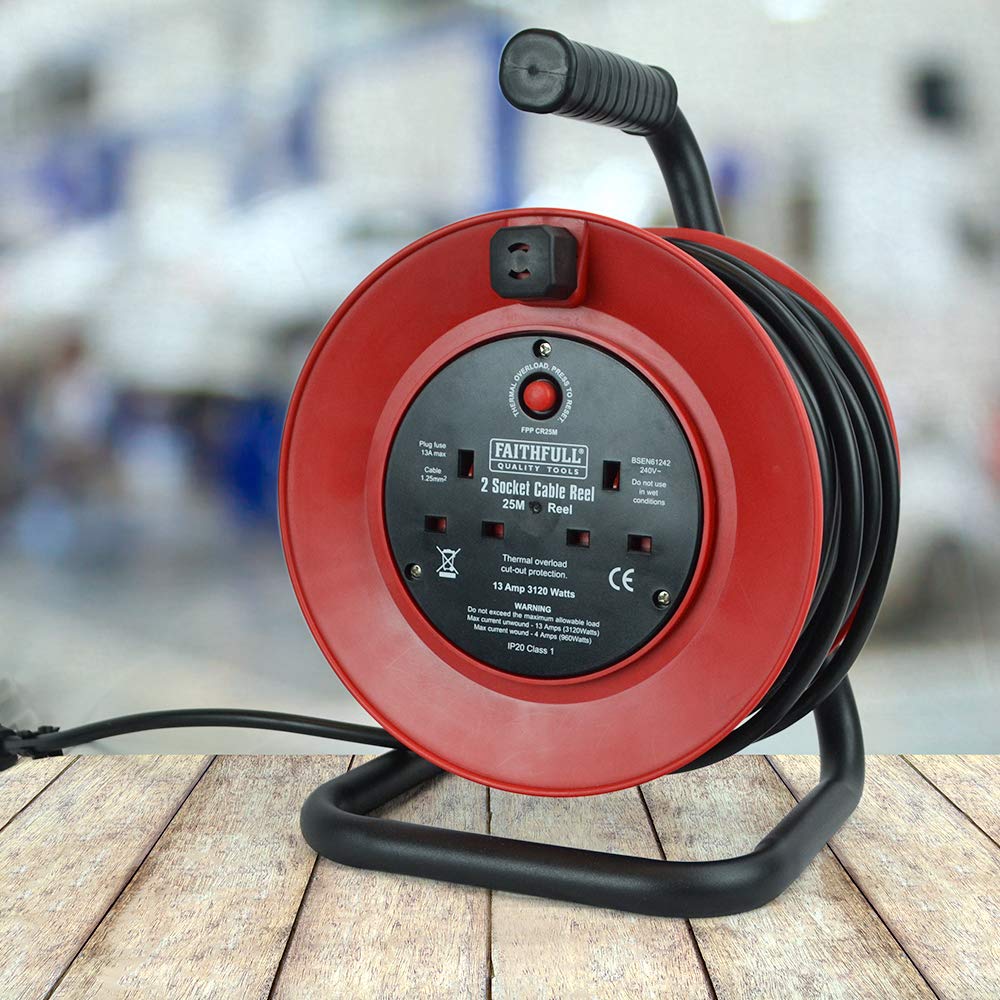 25m 13A 240V Heavy Duty Cable Reel - Extension Cord for Outdoor, Workshop & Construction Use