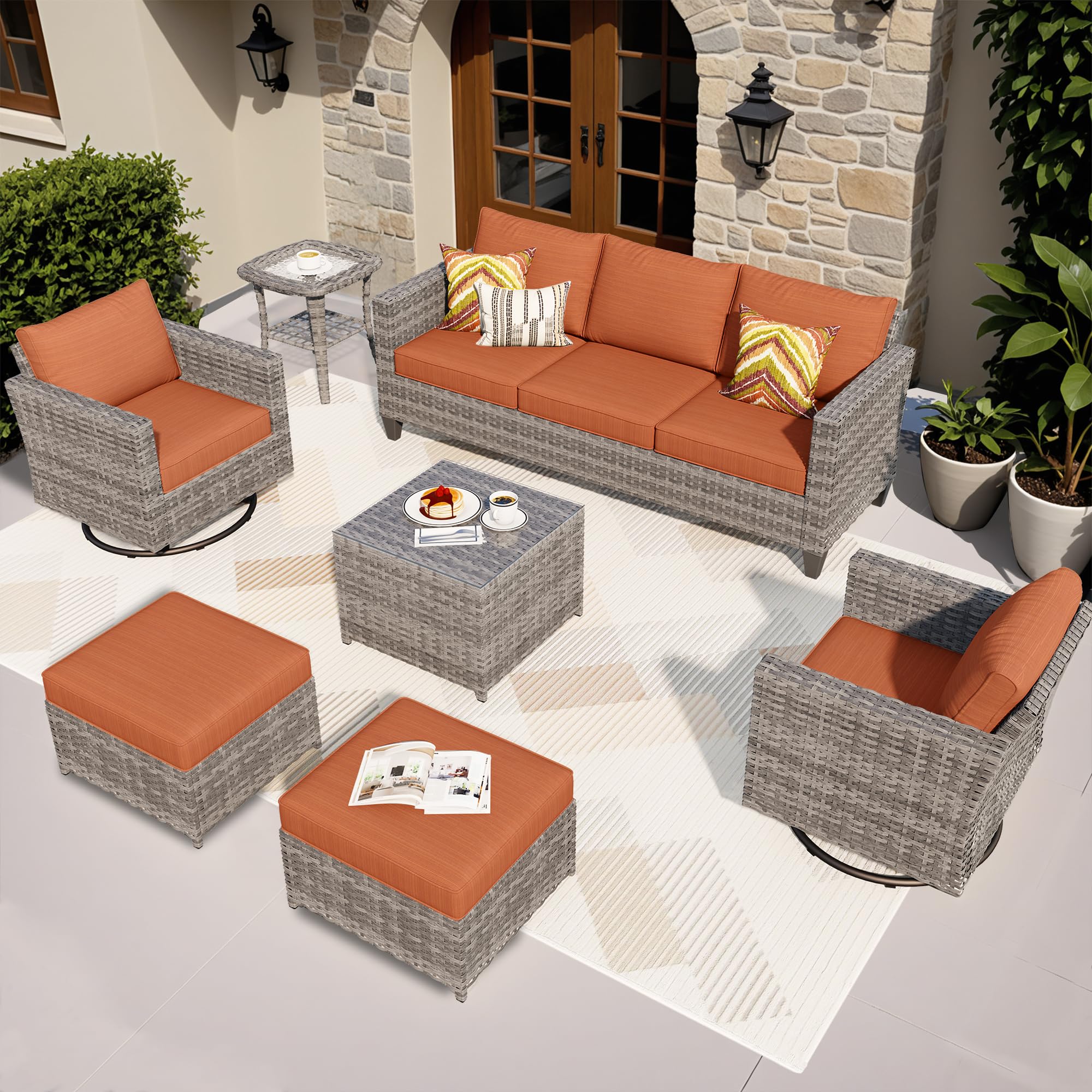 Ovios 7-Piece Patio Furniture Set - Outdoor Wicker Sofa with Rocking Swivel Chairs & Coffee Table, High Back Conversation Set for Yard, Deck, Porch (Orange Red) - Perfect for Backyard Relaxation, Garden Parties & Outdoor Entertaining