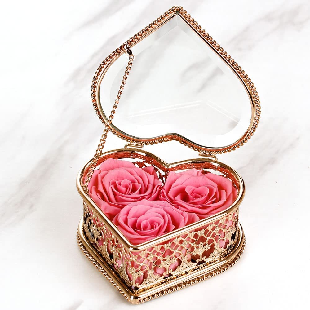 Enchanted Real Preserved Roses in Heart Shaped Box - Long Lasting Eternal Flowers for Valentine's Day & Mother's Day Gifts - Luxury Elegant Metal & Glass Display Case - Perfect for Romantic Surprises, Anniversary Presents & Home Decor