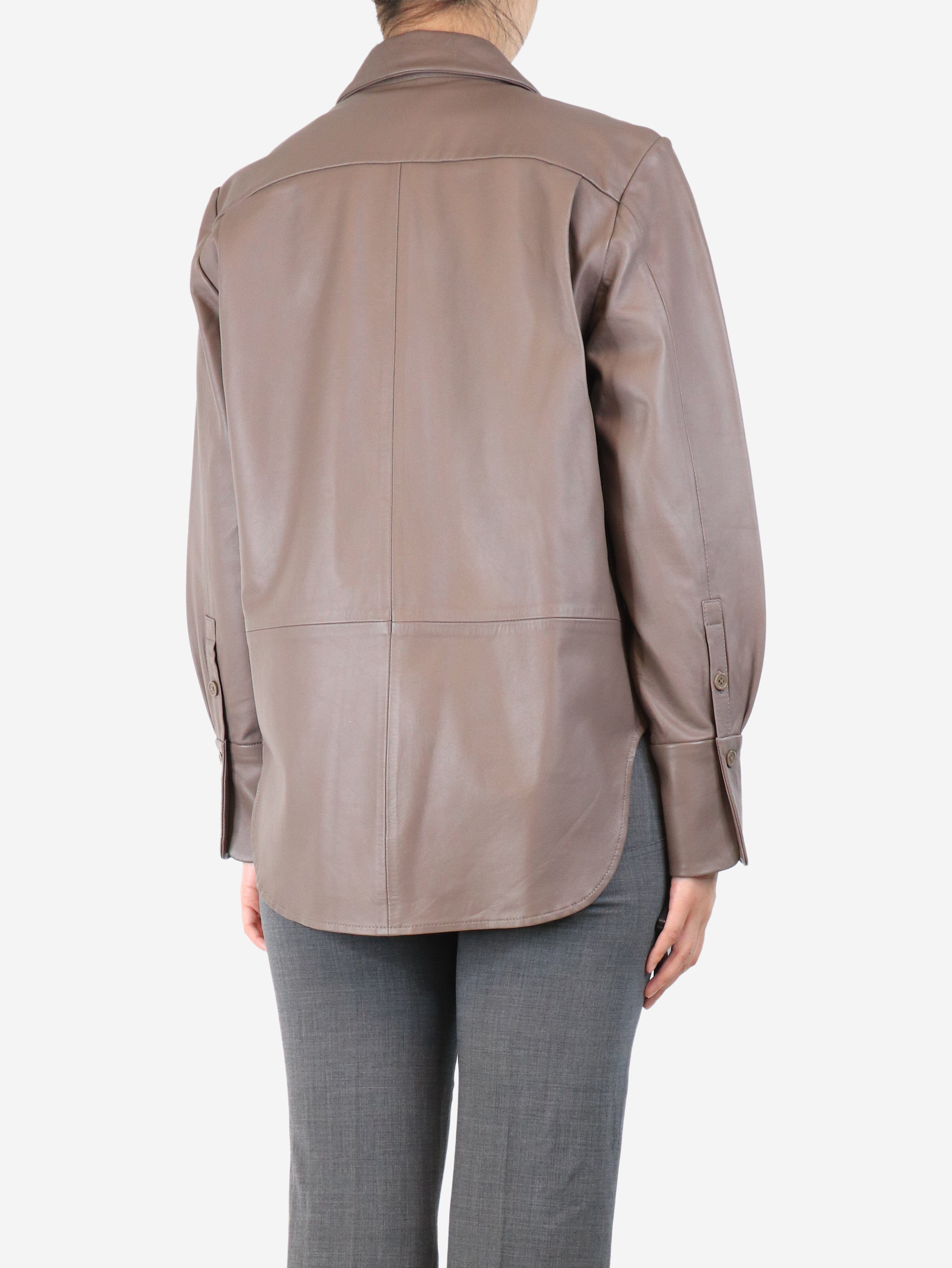 Brown Lambskin Leather Button-Up Shirt - Size S | Premium Soft Leather Top for Women | Casual & Office Wear