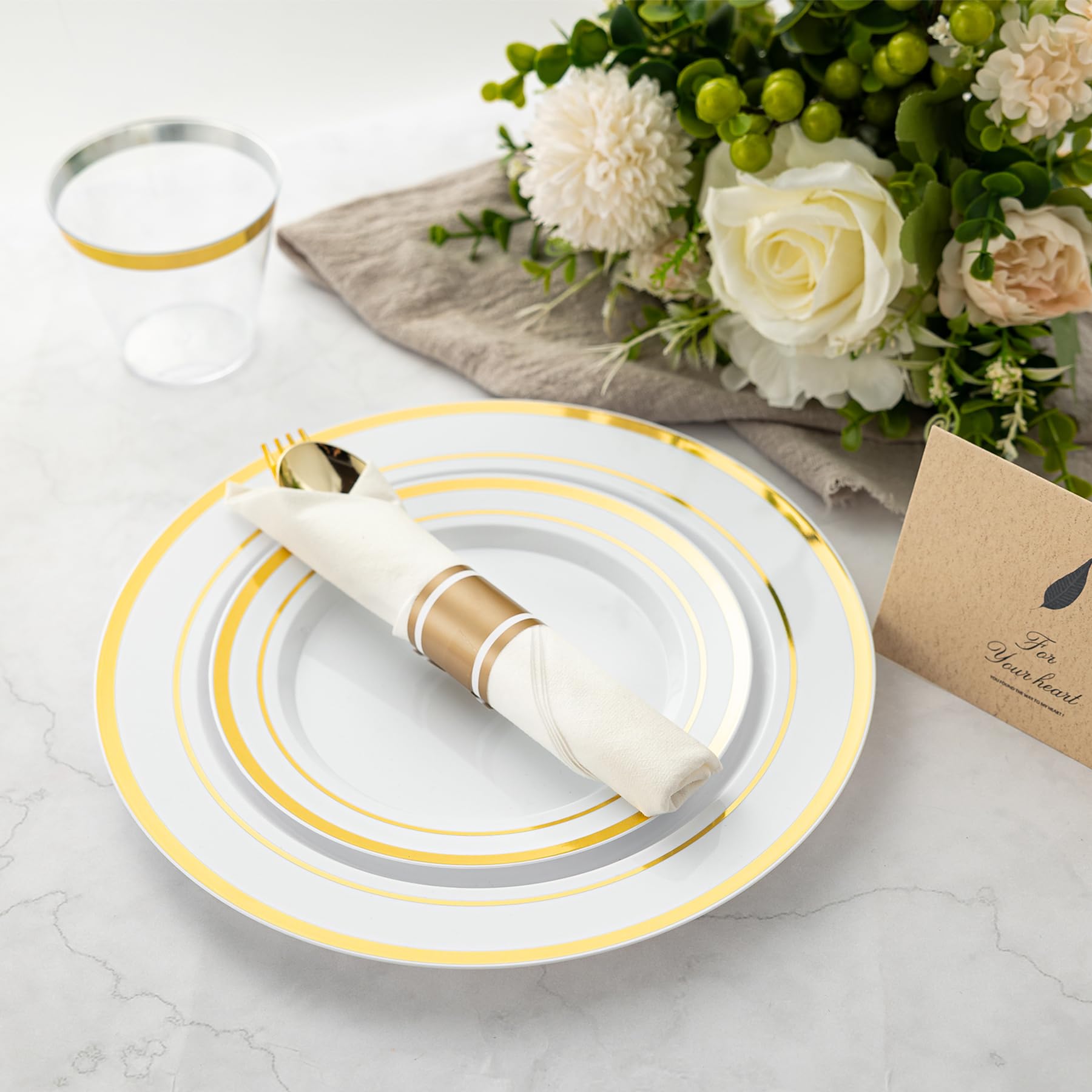 350-Piece Gold Plastic Dinnerware Set for 50 Guests - Disposable Plates, Cups, Napkins & Silverware for Parties, Weddings & Events - Elegant Gold Tableware (50 Dinner Plates, 50 Dessert Plates, 50 Cups, 50 Pre-Rolled Napkins with Cutlery) - Perfect for Birthday Celebrations, Bridal Showers & Holiday Gatherings