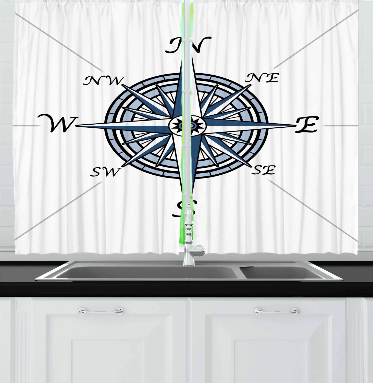 Ambesonne Compass Long Kitchen Curtains - Nautical Voyage Windrose Marine Design, Blue Pale Blue Black Drapes with Rod Pocket (55