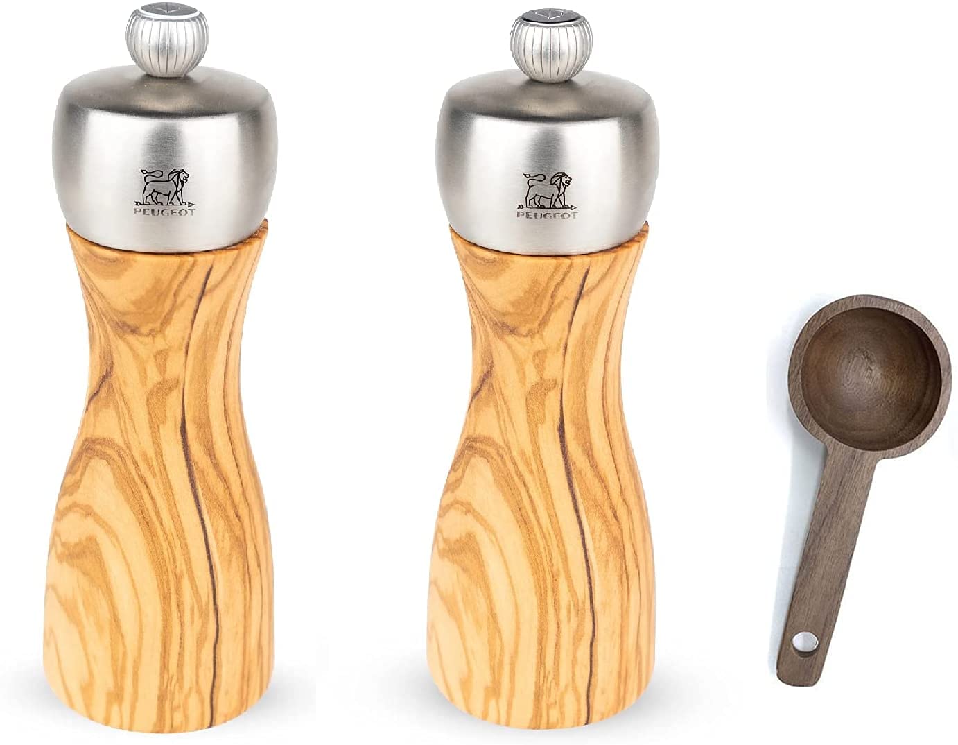 Peugeot Classic Fidji Salt and Pepper Grinder Set - 15cm Olive Wood Mill with Wooden Scoop - Perfect for Kitchen, Dining Table & Gourmet Cooking Gifts