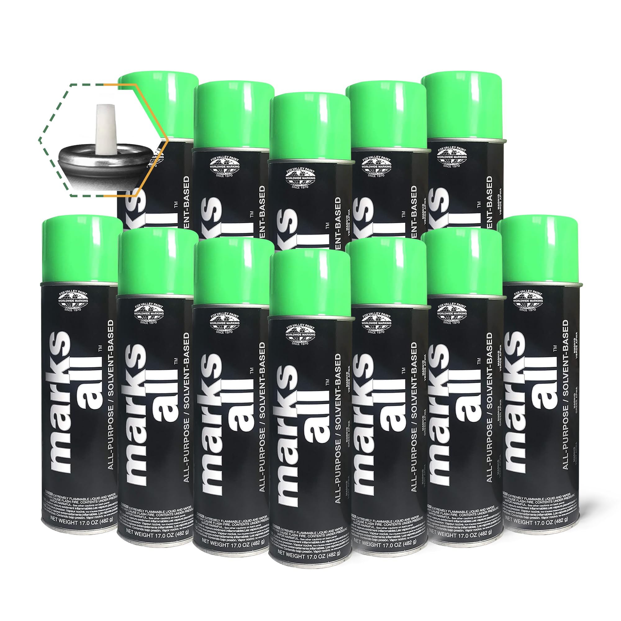 Fox Valley Marks All Utility Marking Paint Spray Can - 18 oz (Pack of 12), Fluorescent Green - Lawn, Tree, Driveway, Parking Lot & Grass Marking Paint for Easy Landscape, Construction & Property Maintenance