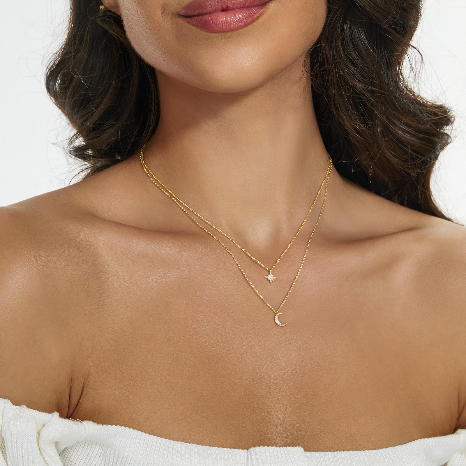 14K Gold Plated Moon and Star Pendant Necklace for Women - Dainty Layered Choker with CZ Diamonds | Trendy Gold Jewelry Gift for Her | Perfect for Date Nights, Office Wear & Special Occasions