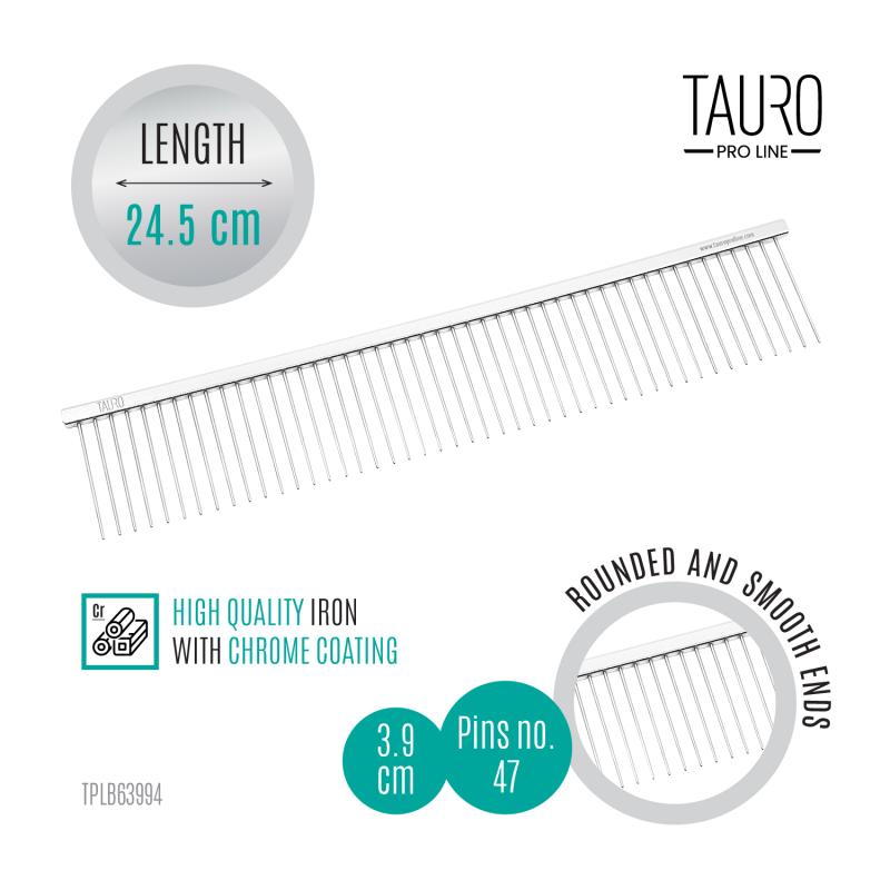 Tauro Pro Line Comb - Metallic Sparse Teeth Wide Tooth Comb for Men & Women - Perfect for Thick, Curly Hair & Styling at Home or Salon