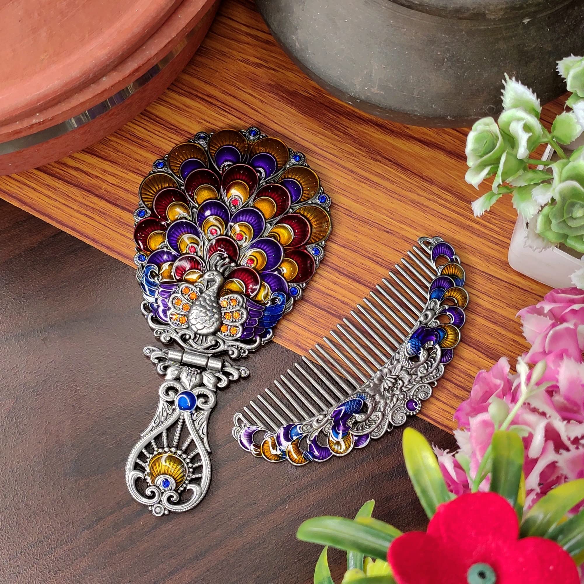 Vemlons Comb and Mirror Set - Large Silver Framed Hand Mirror with Comb, Portable Tabletop Makeup Mirror for Travel, Home, Salon & Bridal Use - Unique Design