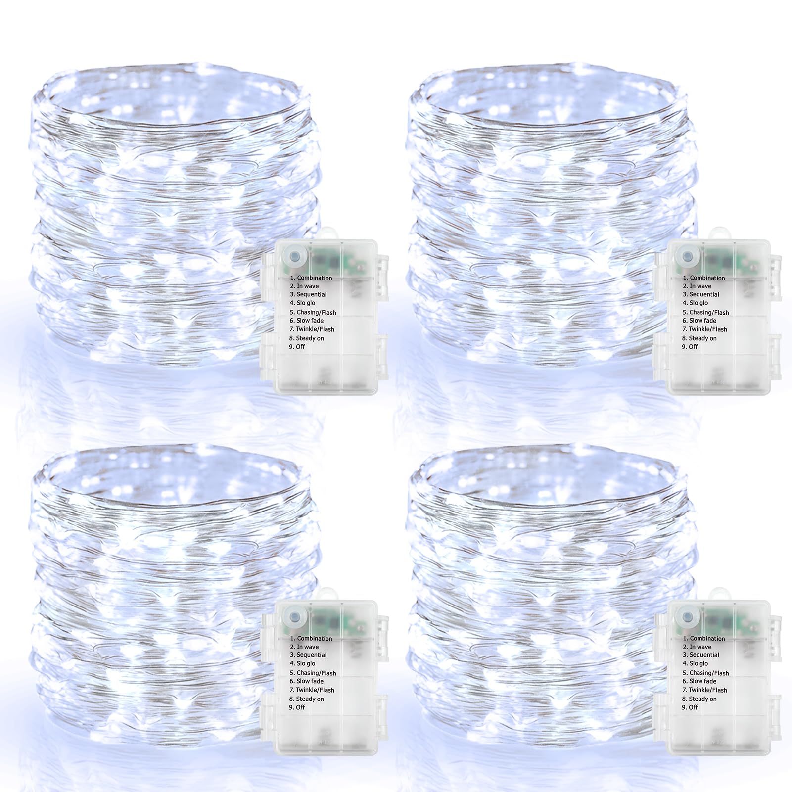 4 Pack 16.4 Ft Battery Operated Fairy Lights - 50 LED Waterproof Christmas String Lights with Auto Timer & 8 Modes, Silver Wire Twinkle Lights for Wedding, Party, Christmas Tree, Home, Garden, and Outdoor Decor (Cool White) - Perfect for Holiday, Bedroom, and Event Lighting