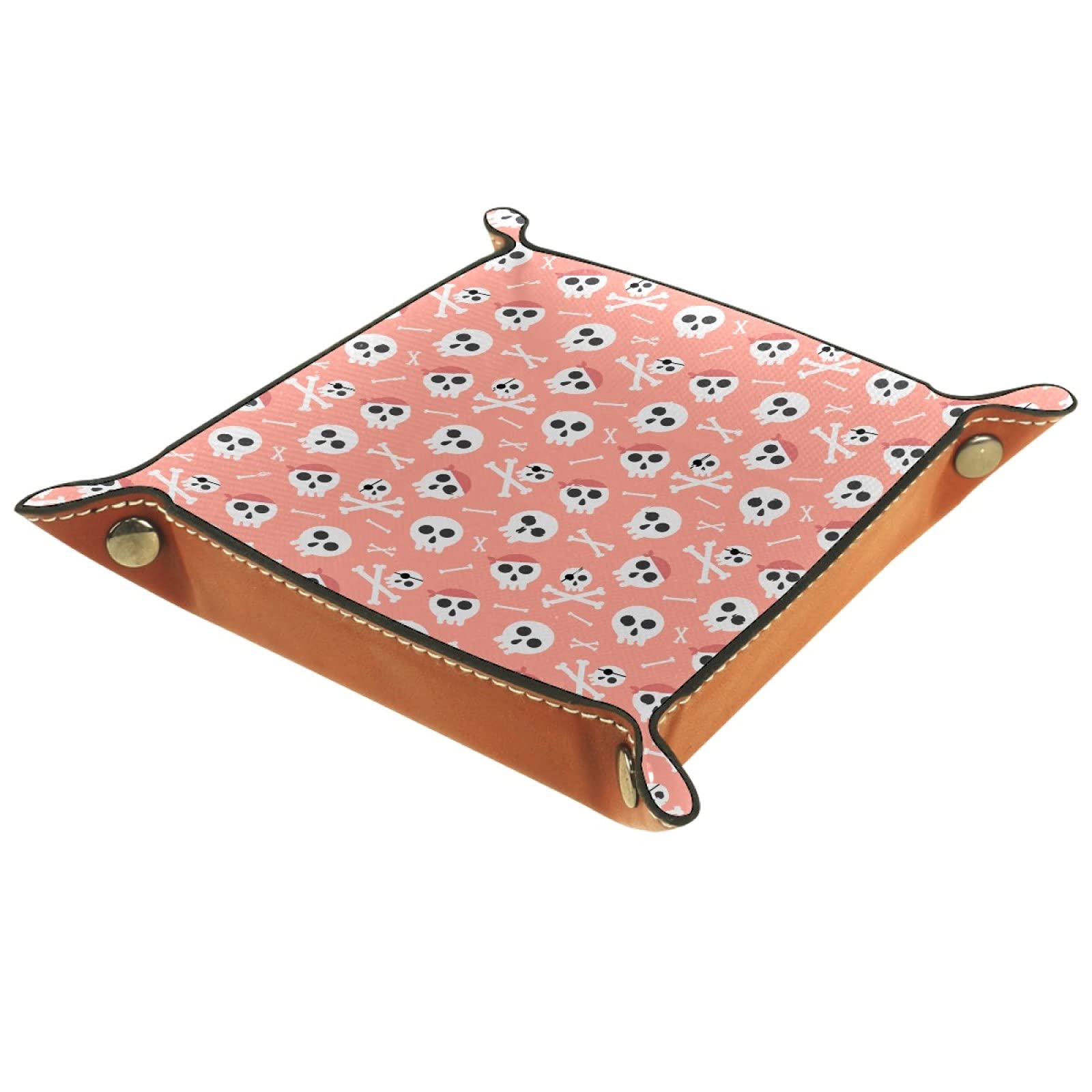 Youran Pink Pirate Skull Desktop Organizer Tray - Jewelry, Coin & Key Storage for Dresser, Vanity or Bedside - Stylish Catchall Tray (16x16cm) - Perfect for Home Office, Bedroom Decor & Gift Ideas