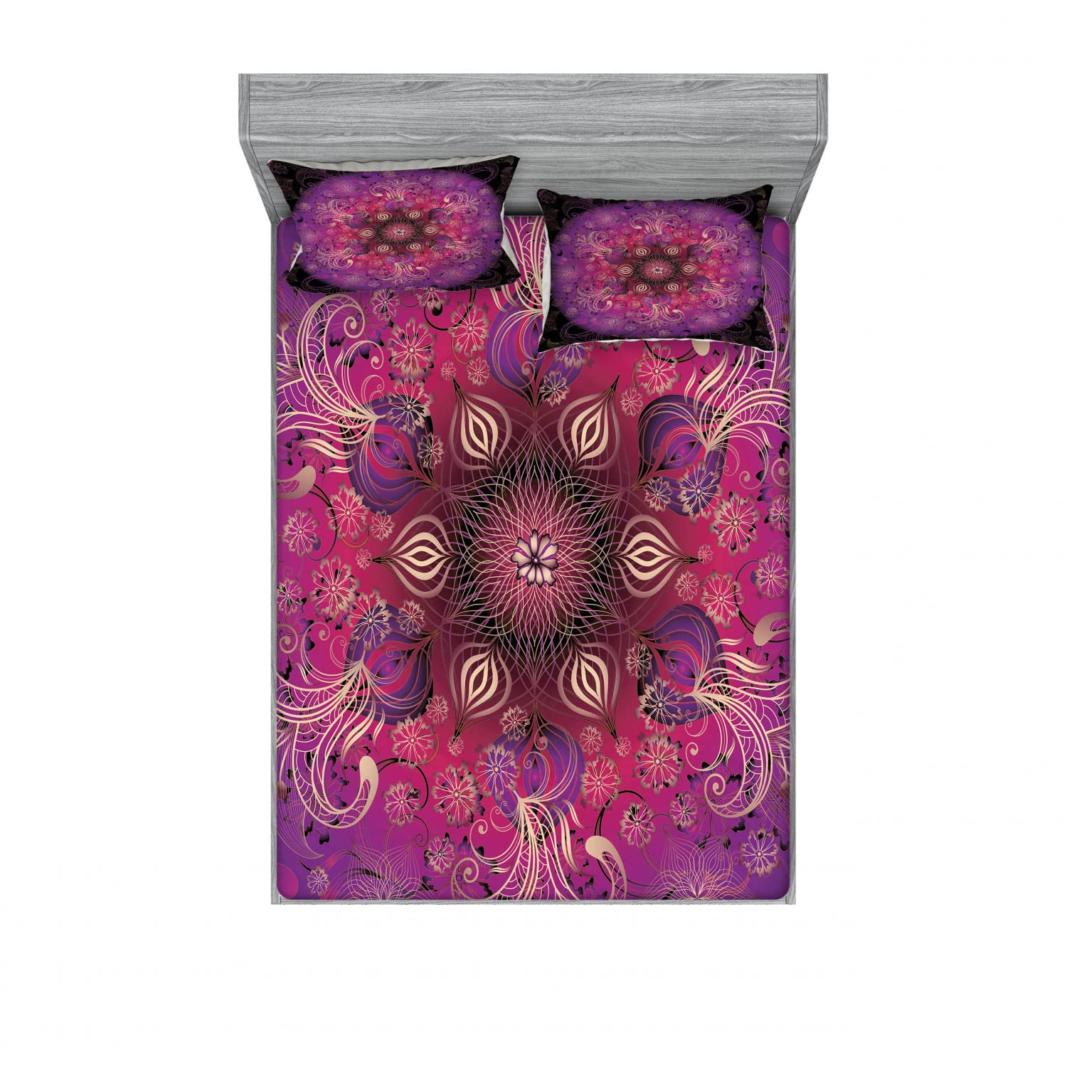 Lunarable 2-Piece King Size Fitted Sheet Set with 4 Pillow Shams - Psychedelic Oriental Floral Pattern in Purple & Yellow | Soft Bedding Decor for Master Bedroom, Guest Room & Bohemian Style Homes