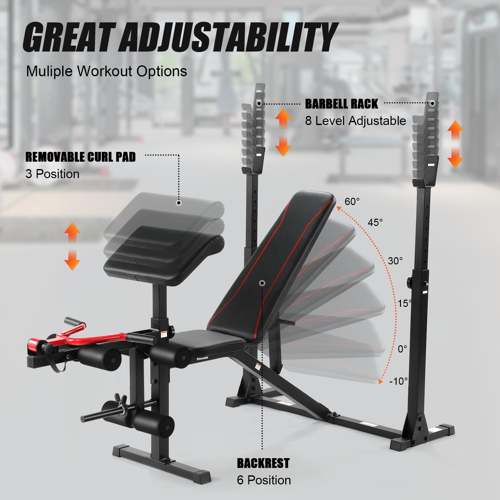Aceshin 900 LBS Adjustable Olympic Weight Bench with Squat Rack - Home Gym Equipment for Strength Training | Includes Leg Extension & Preacher Curl Pad | Perfect for Bench Press, Squats & Full-Body Workouts