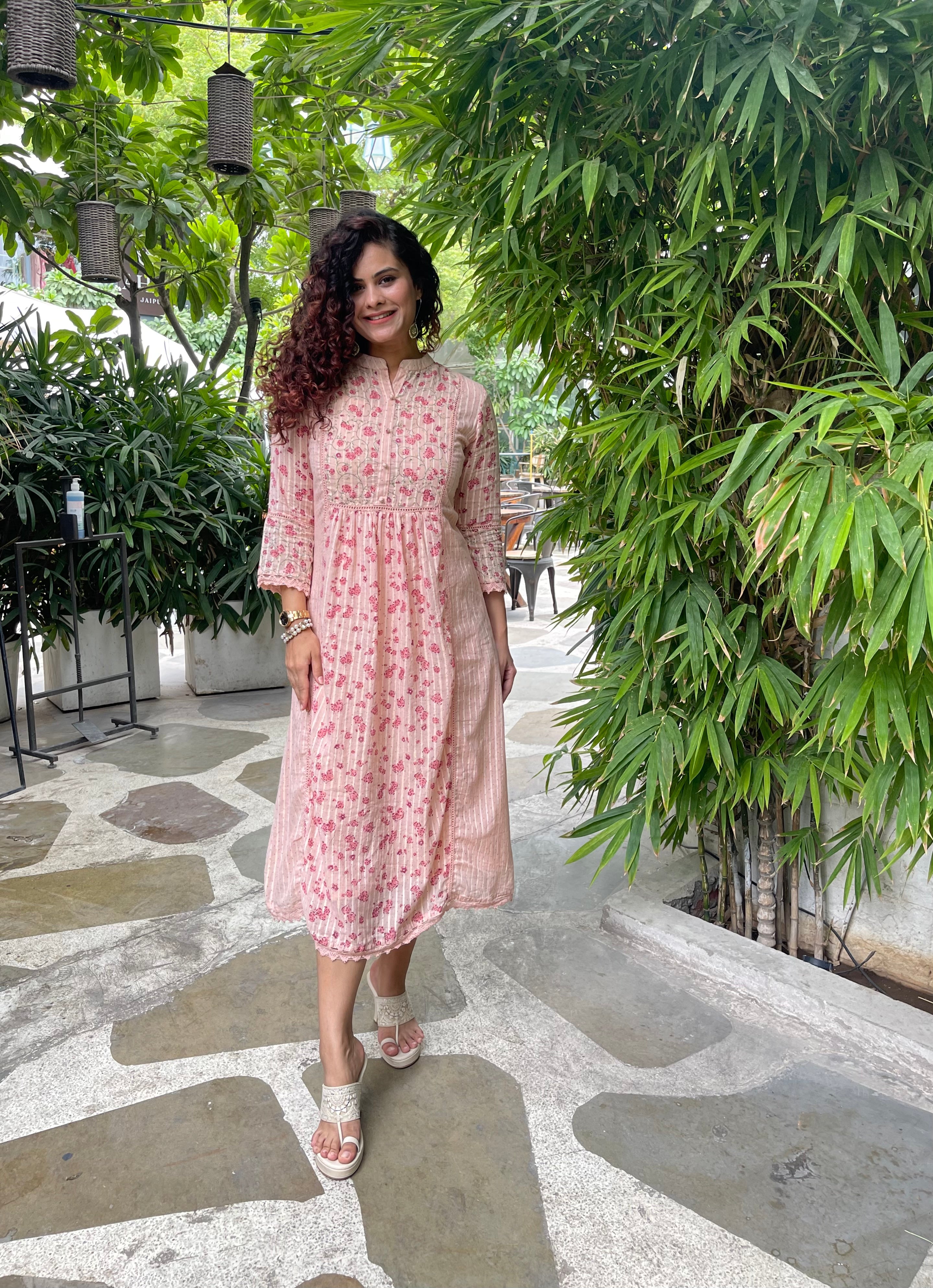 Stylish Pink Cotton Block Print Maxi Dress for Women - Boho Summer Beach Dress for Vacations & Outdoor Parties