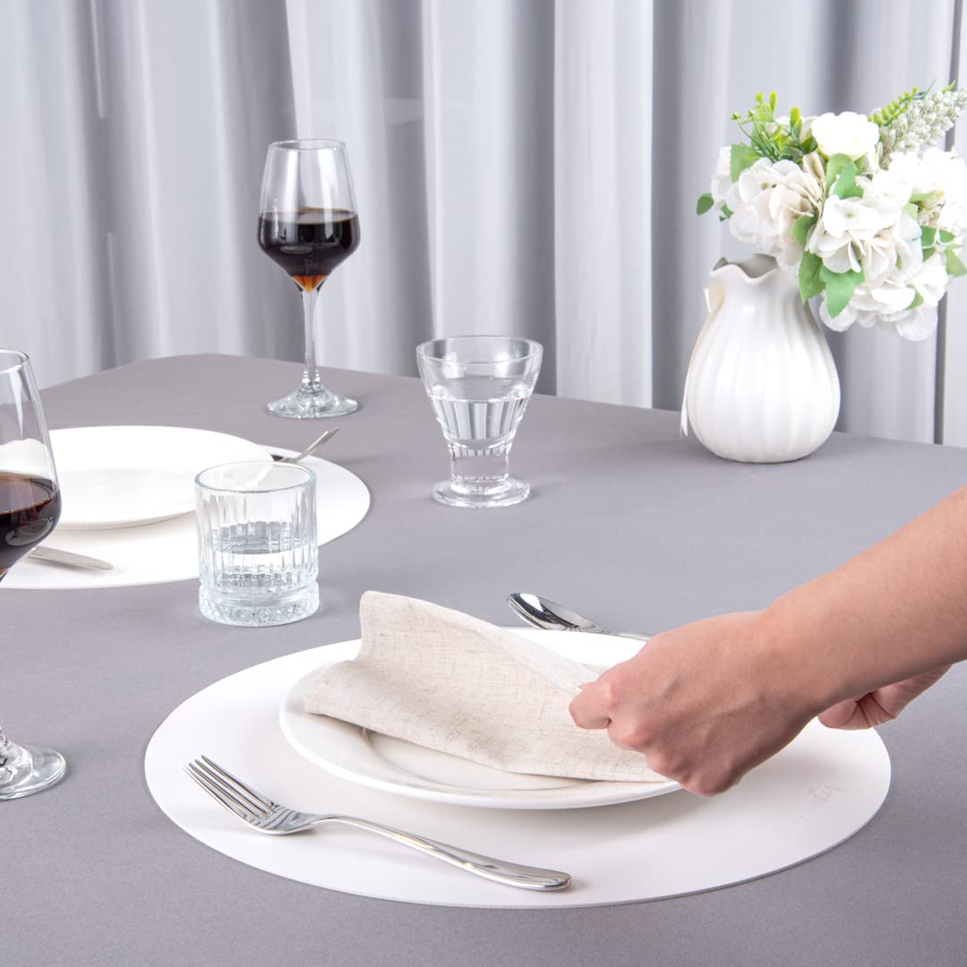 16 Inch Round Vinyl Placemats Set of 6 - Stain-Resistant White Table Mats with Embossed Leather-Like Texture for Dining Tables, Kitchen Countertops & Restaurants - Surface Protection & Easy Clean
