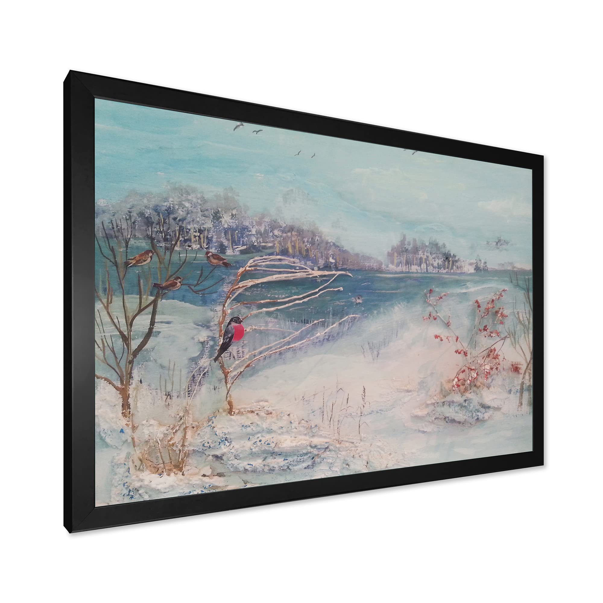 Winter Trees River and Birds Lake House Framed Wall Art - Nature Landscape Painting for Living Room, Bedroom & Office Decor - Perfect Gift for Home & Holiday Season